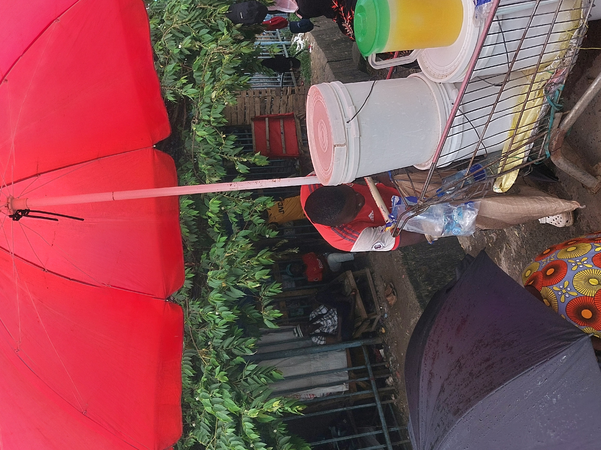 A street vendor in Dar es-Salaam, Tanzania, operates a small business selling drinks. He is positioned under a large red umbrella for sun protection, while a separate, smaller black umbrella provides shelter from rain. The vendor's cart contains containers of liquids, including yellow and clear varieties, in buckets and dispensers. He wears a red and white shirt and is bent over, possibly preparing a drink for a customer.
The immediate surroundings consist of lush green vegetation, and a glimpse of a person is visible sitting on a wooden bench in the background. Another patterned umbrella is adjacent to the cart. The vendor is positioned on a concrete surface, possibly a sidewalk or curb.