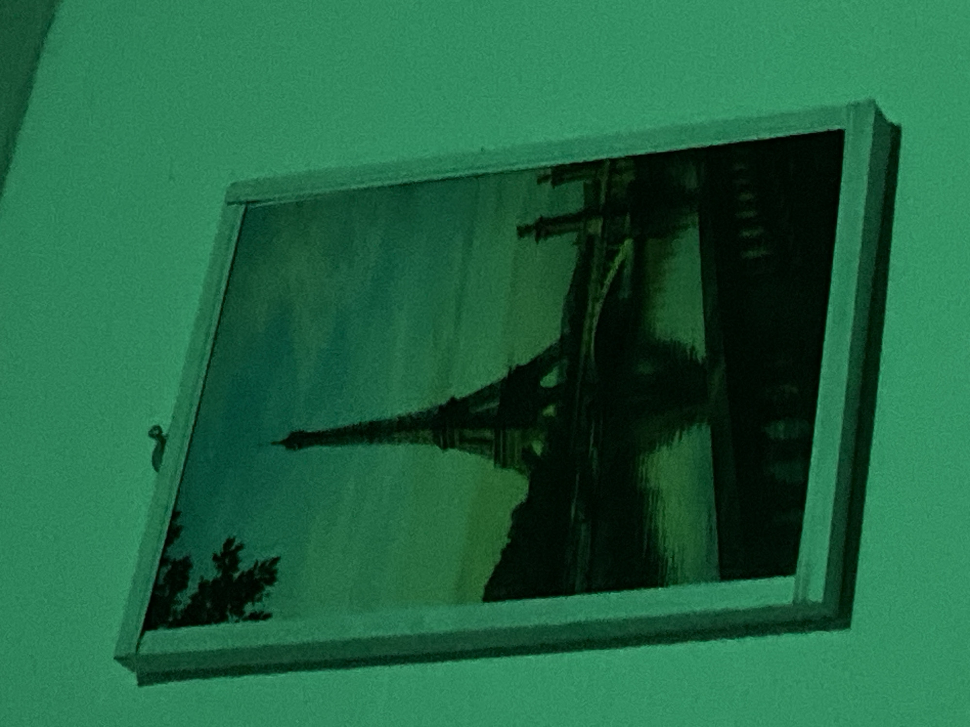 This media file is a photograph of a framed picture hanging on a wall. The picture itself depicts a reflection of the Eiffel Tower in water, with dark silhouetted trees in the foreground. The overall lighting has a greenish cast, possibly due to ambient lighting or a filter. The frame is a light color, contrasting with the darker tones of the image within. A small, dark object, possibly a hook or a part of the hanging mechanism, is visible on the left side of the frame. The background wall is a solid, textured green color, typical of an interior setting. The reflection of the Eiffel Tower suggests a daytime or dusk scene, with calm water. There is no visible text in the image. The location context provided is Jos, Nigeria.