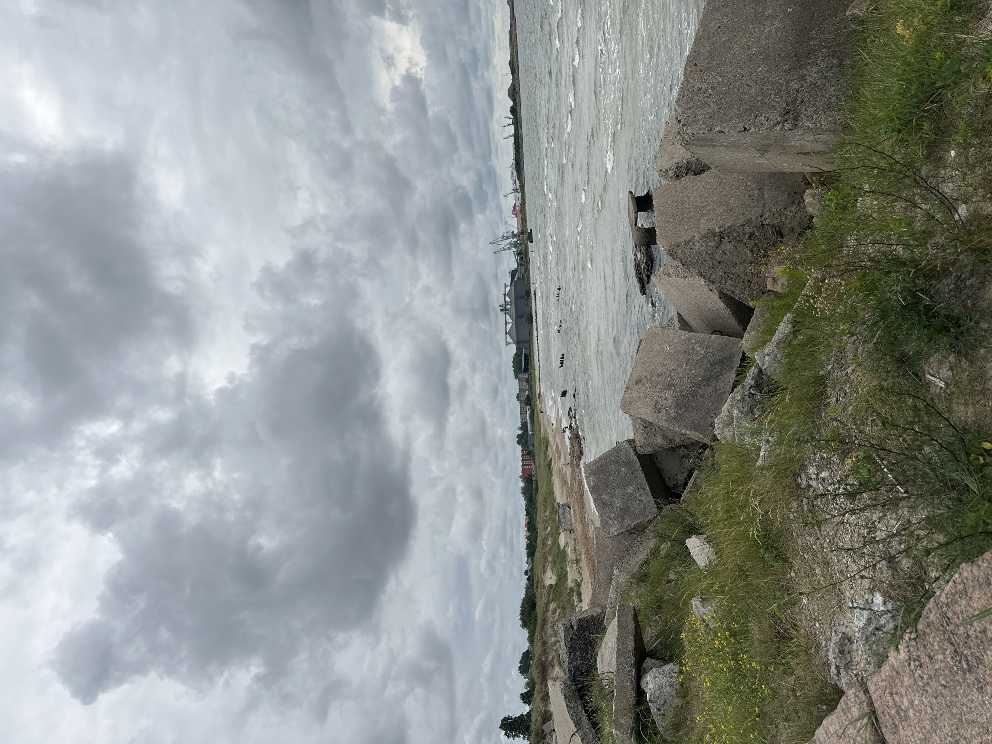 This image captures a cloudy day at the Liepaja Port in Liepaja, Latvia. The foreground is dominated by large, weathered concrete blocks, remnants of coastal defense structures, scattered amongst overgrown grass and small yellow wildflowers. Beyond these blocks, a sandy beach stretches into the distance, bordered by sand dunes and sparse vegetation. In the mid-ground, a line of buildings and industrial structures, including silos and tall cranes, can be seen along the waterfront. The Baltic Sea, with choppy, grey-green water and white-capped waves, extends to the horizon. The sky is overcast with thick, dark clouds. There are a few indistinct figures walking on the beach. The scene evokes a sense of industrial activity juxtaposed with the ruggedness of the coastline.