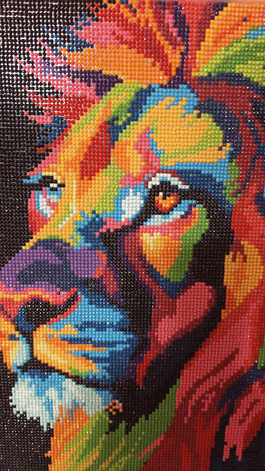 The image is a close-up, high-angle shot of a diamond painting depicting a lion's face in a vibrant, multicolored abstract style. The lion's mane and face are rendered with a mosaic of small, square-shaped diamond beads in a variety of colors including red, orange, yellow, green, blue, purple, pink, and black. The eyes of the lion are particularly striking, with a bright orange iris and a black pupil. The background is solid black, also made of the diamond beads, creating a strong contrast with the colorful subject. The texture of the diamond painting is clearly visible, with each individual bead contributing to the overall image. The lighting is even, highlighting the reflective quality of the beads. There are no people or environmental elements visible in this close-up view; the focus is solely on the artwork itself. There is no information in the image that would indicate a location in Borova, Ukraine.