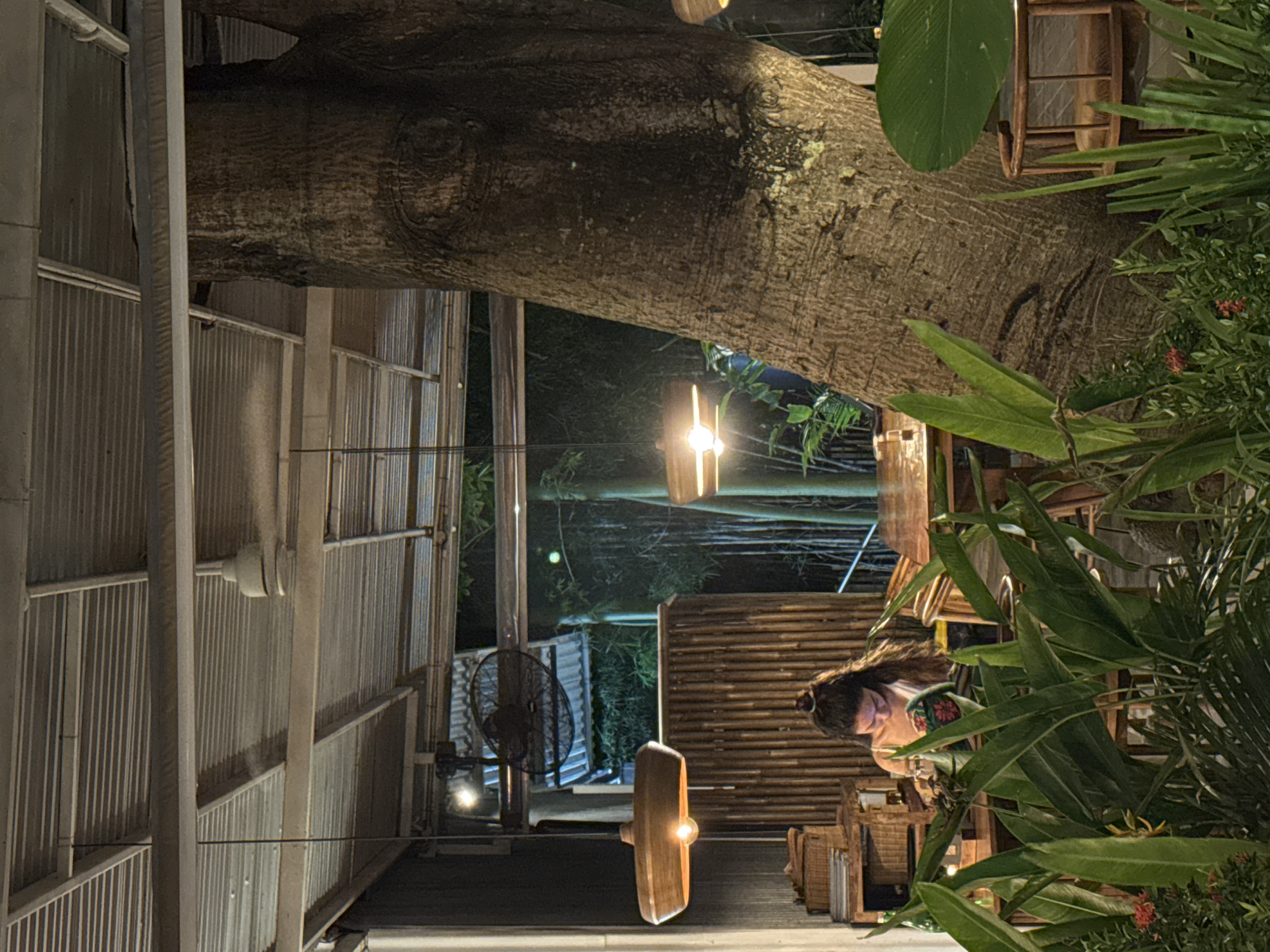 The image depicts an outdoor setting in Kuta Selatan, Indonesia, seemingly a restaurant or lounge area at night. A large tree branch dominates the upper part of the frame. Below the branch, hanging light fixtures illuminate the area, casting a warm glow. To the left, a building with corrugated metal walls is visible, and an oscillating fan is mounted on the wall. Tables and chairs are arranged below the tree and towards the right of the image. A woman is seated at one of the tables, partially obscured by foliage. Plants are prominent, adding a tropical vibe to the scene. The overall atmosphere suggests a relaxed, outdoor dining or gathering space in a tropical location.