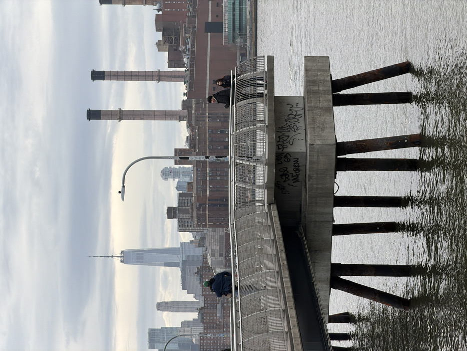 The image depicts a pier along the East River in Brooklyn, New York City, under an overcast sky, with a view southwest towards Manhattan.
In the foreground, a modern pedestrian pier, constructed from concrete and metal, extends into the water. Its structure is supported by dark, angled piles and concrete platforms, one of which features visible black and white graffiti. The pier has metal railings with a mesh infill. A black street lamp with a flat LED fixture is positioned on the pier.
Three individuals are present on the pier. One person, wearing a dark jacket and green beanie, is seated on a railing on the left side, facing away from the camera. Two other individuals stand on a curved observation platform on the right. One, wearing a dark jacket, faces the distant skyline, partially obscured by the street lamp pole. The other, in a dark coat, stands next to them, looking slightly to the right.
The background shows the skyline of Lower Manhattan, with One World Trade Center prominently visible on the left. To the right of the Manhattan skyline, a large industrial complex featuring reddish-brown brick buildings and two tall, slender smokestacks is present, with visible steam emanating from parts of the facility. The sky is uniformly gray and overcast. The water is dark and slightly rippled.