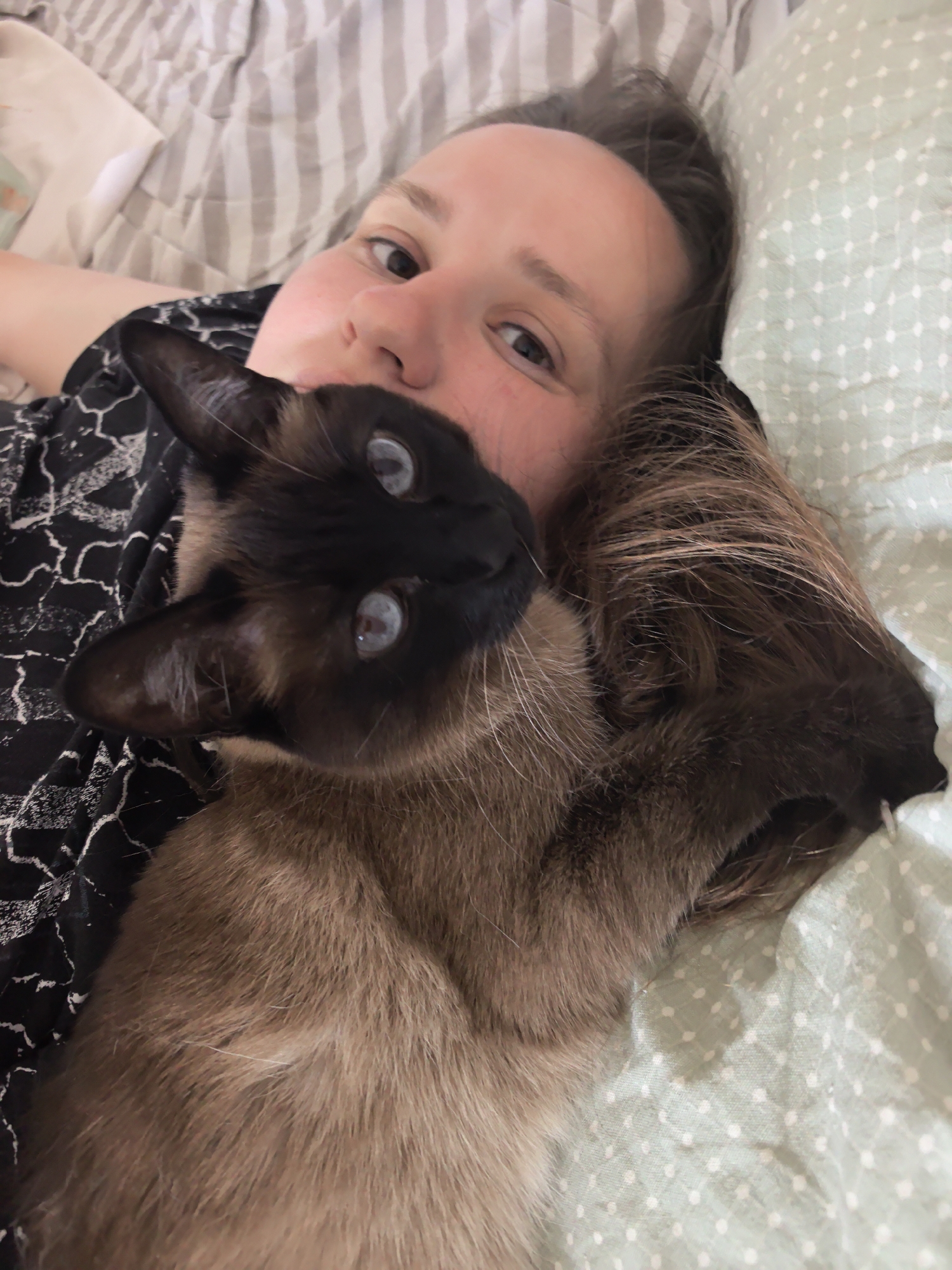 A woman is lying down on a bed with a Siamese cat nestled close to her face. The woman is fair-skinned with brown hair and is wearing a black patterned shirt. The cat has dark brown fur around its face and lighter brown fur on its body. The background consists of striped and polka-dotted bedding. The location is likely indoors, but there is no confirmation that the location is in the city of Фролы, Russia.