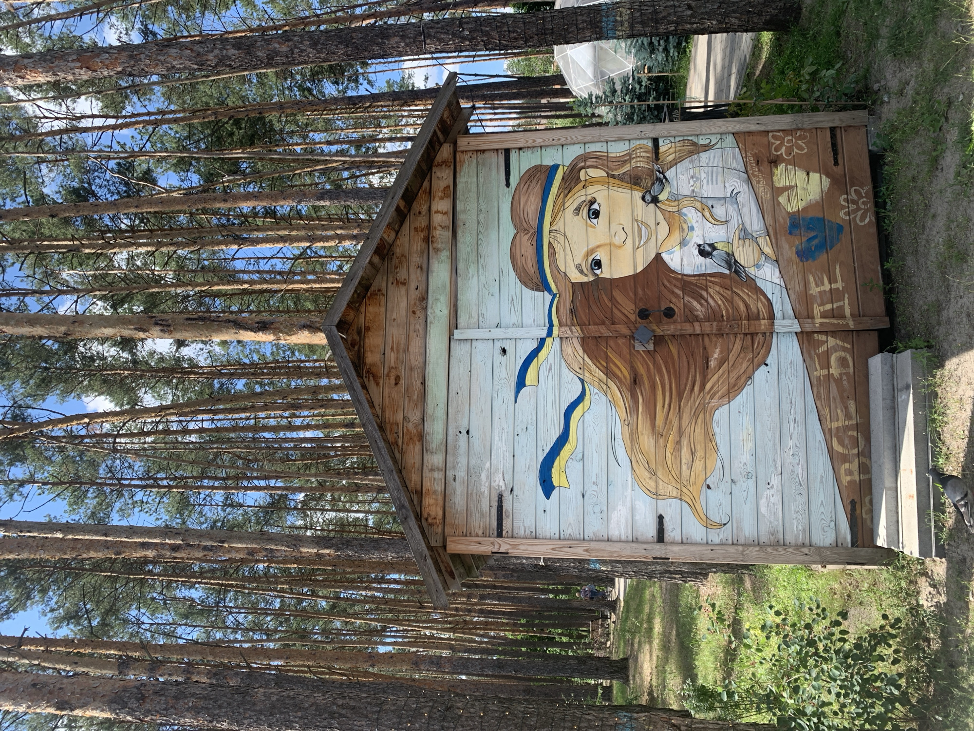 In Hostomel, Ukraine, a small wooden shed is adorned with a mural of a young girl with long, flowing brown hair, wearing a blue and yellow headband. Two small birds are perched on her arm and shoulder, and the Ukrainian flag colors are incorporated into her hair ribbon and stylized hearts painted on the lower part of the shed. The shed is situated outdoors in a forested area with tall, slender pine trees surrounding it. The ground is covered in grass and fallen pine needles. Sunlight filters through the trees, creating dappled shadows on the shed and the ground. In the background, a geodesic dome structure and some evergreens are visible, suggesting the location might be a park or recreational area. A pigeon is visible on the steps leading to the shed.