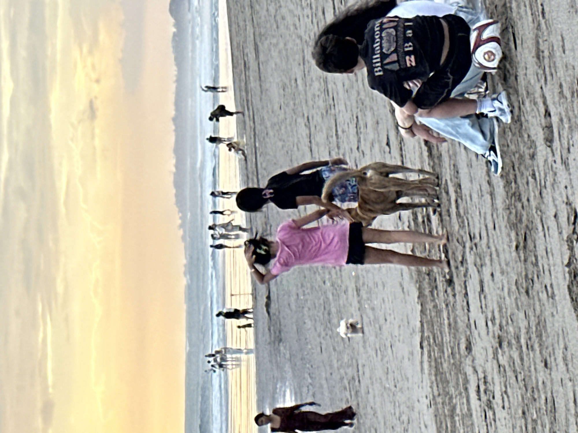 In North Kuta, Indonesia, a beach scene unfolds at sunset. The sky displays soft hues of orange and yellow, with scattered clouds. The ocean stretches to the horizon, with gentle waves rolling onto the shore. The sand is the dominant element of the foreground, with footprints visible.
In the midground, several individuals are present. A person in a dark maroon dress walks from left to right. A small white dog stands in the sand. Two young girls, one in a pink t-shirt and black shorts, the other in a black t-shirt and patterned shorts, stand facing away from the camera. A medium-sized dog with light brown fur is positioned between them, appearing to interact with the girl in the pink shirt. In the background, a group of people are scattered along the shoreline, some wading in the water, others standing and conversing.
In the foreground, two individuals are seated on the sand. One is wearing a black t-shirt with "Billabong" and graphics printed on the back, and black shorts. They are sitting on a white and red soccer ball. The other person is wearing light blue pants and white sneakers with black accents.
The overall atmosphere is casual and relaxed, indicative of a typical beach outing during the evening.