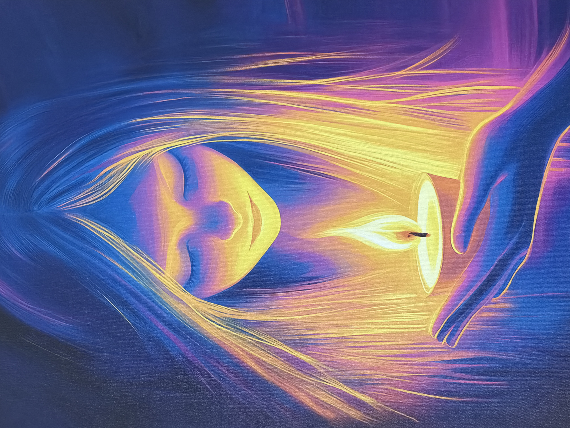 The image depicts a portrait of a young person with closed eyes, holding a lit candle in their cupped hands. The person's face and long hair are illuminated by the warm glow of the candle, casting vibrant streaks of yellow, orange, and pink light. The background is a deep, dark blue, creating a stark contrast with the luminous subject. The style is painterly, with visible brushstrokes and a dreamlike quality.
There is no information within the image to suggest a specific location in Naberezhnye Chelny, Russia, or any city. The scene is a close-up portrait focused on the interaction between the person, the candle, and the light it produces.