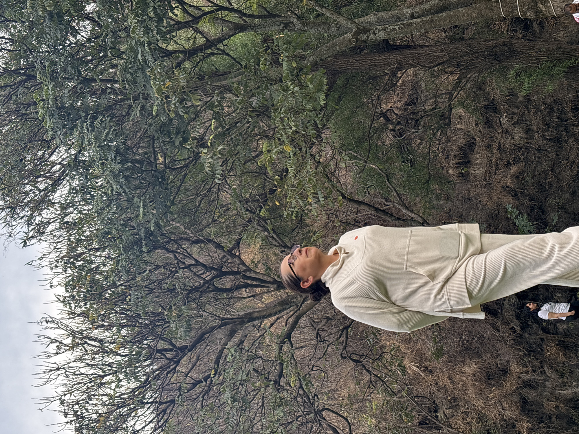 The image shows an outdoor scene in what appears to be a wooded area or forest. The location is in Santa Ana Acozautla, Mexico.
A woman wearing eyeglasses and a light-colored, possibly white or beige, corduroy or ribbed outfit is standing, facing the camera. She is looking upwards.
Behind her, there are many trees with dense branches and foliage. The trees appear to be bare in some areas, suggesting either a seasonal change or a specific type of tree. The background consists of a mix of trees, branches, and a cloudy sky.
In the lower right corner, there is another person lying on the ground wearing a white t-shirt.