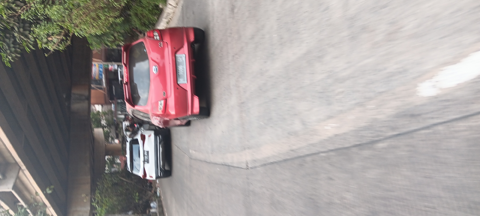 In South Jakarta, Indonesia, a traffic scene unfolds under a concrete overpass. A red hatchback, likely a Datsun Go, is in the foreground, its rear end facing the camera. To its left, a white SUV, possibly a Kia Seltos, is also moving along the road. Both vehicles have license plates. The road surface is asphalt, marked with white lines, and appears to be slightly worn. Lush green foliage can be seen on the right side of the frame, indicating the presence of trees and vegetation. The overall impression is one of moderate urban traffic congestion on a partly cloudy day.