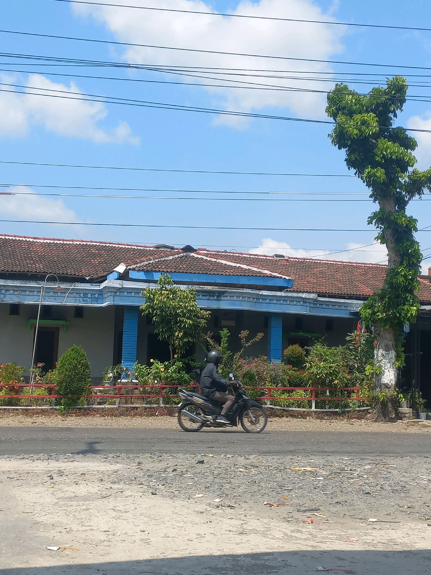 The image depicts a street scene in Baturetno, Indonesia, under a clear blue sky with scattered clouds. A person wearing a dark jacket and helmet is riding a black motorcycle on a paved road. To the left of the road is a building with a tiled roof and blue trim. Lush green vegetation, including trees and bushes, is visible in front of the building. A tall, slender tree with dense green foliage stands on the right side of the frame. The road surface is a mix of asphalt and gravel.