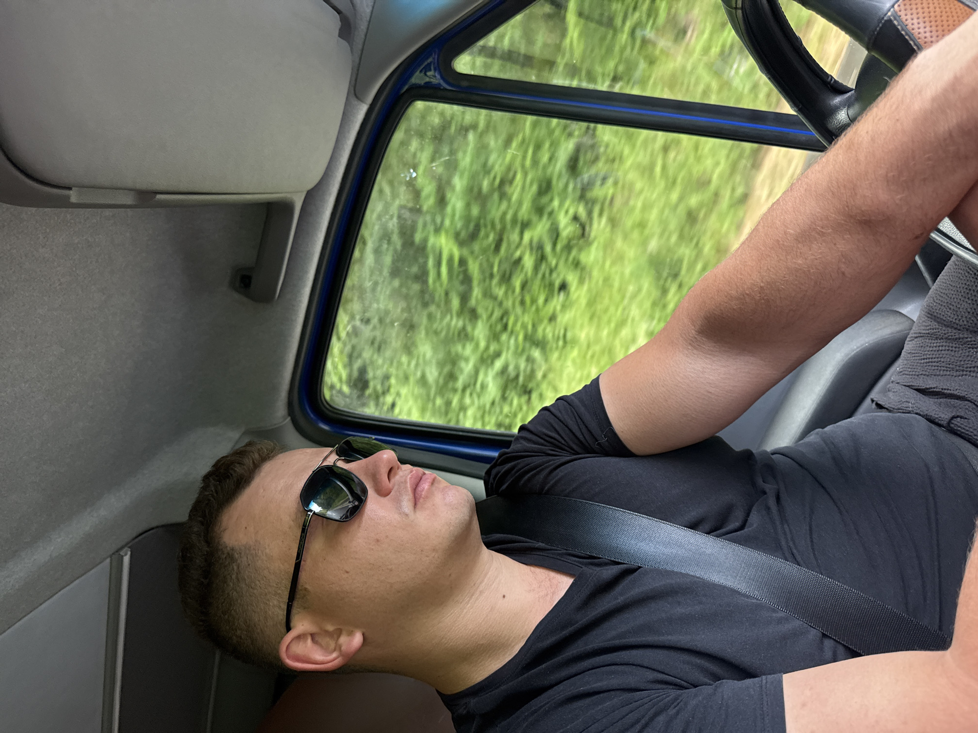 A man with sunglasses on is seen sleeping in a vehicle. He is wearing a black t-shirt and is buckled with a seatbelt. The background seen through the window is out of focus, showing green foliage, suggesting an outdoor setting, possibly a rural area. The image appears to be taken during the day, with natural light illuminating the scene. The man's face is relaxed, indicating he is asleep or resting. The interior of the vehicle, including a sun visor and part of the steering wheel, are visible, suggesting the man is a passenger or driver. The crops provide close-ups of the man's head, arm, and clothing, as well as the interior of the vehicle and the view outside. No visible text is present in the image.