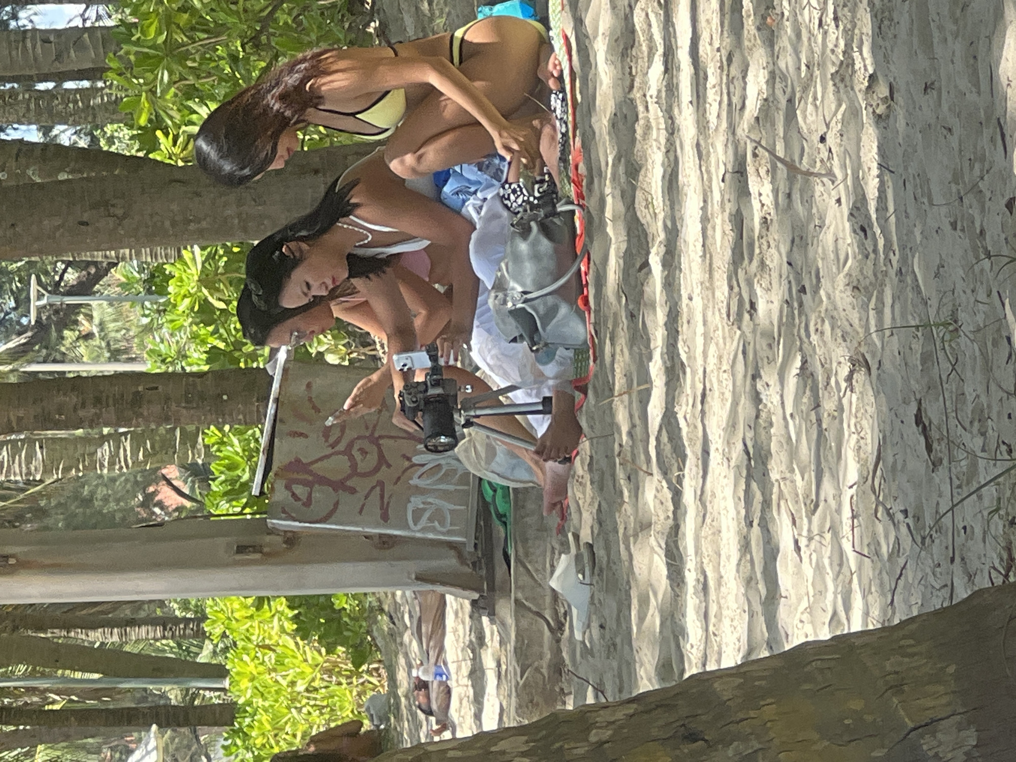 In Đà Nẵng, Vietnam, three young women are gathered on a sandy beach, possibly near a palm grove based on the surrounding vegetation and trees. They are seated on the sand, some on mats or blankets. In the foreground, a person is seen lying down on the sand with a bottle of water beside them, partially obscured by a tree trunk.
The three women are engaged in different activities. One woman on the right is wearing a yellow bikini and appears to be posing or interacting with a camera set up on a tripod in front of her. Another woman in the middle is wearing a white top and is looking at her phone. The third woman on the left is wearing a light pink top and is also looking at her phone. There is a camera on a tripod positioned between the two women on the left and in the middle, suggesting they might be filming or taking photos.
Objects visible include the camera, tripod, phones, a grey handbag, and a pair of white sandals. The environment is characterized by sand, palm trees, and lush green foliage in the background, indicating a tropical beach setting. The lighting suggests it is daytime, with shadows cast by the trees. The overall scene depicts a relaxed, casual gathering on a beach.