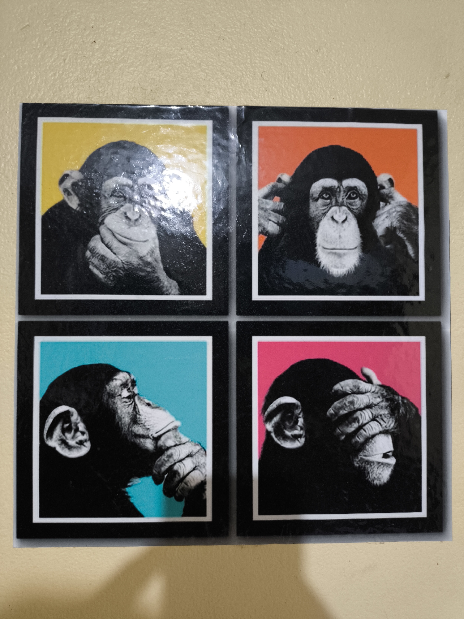 The image shows a set of four square artworks arranged in a grid pattern, depicting chimpanzees against colorful backgrounds. The backgrounds are yellow, orange, blue, and pink, respectively. Each chimpanzee displays a different action: one is resting its chin on its hand, another is covering its ears, a third is resting its chin on its hand in profile, and the final chimpanzee is covering its eyes. The artworks have black frames with white borders around the chimpanzee images. The background appears to be a pale yellow or beige wall, and a shadow is visible in the bottom left corner. The location and city are unknown.