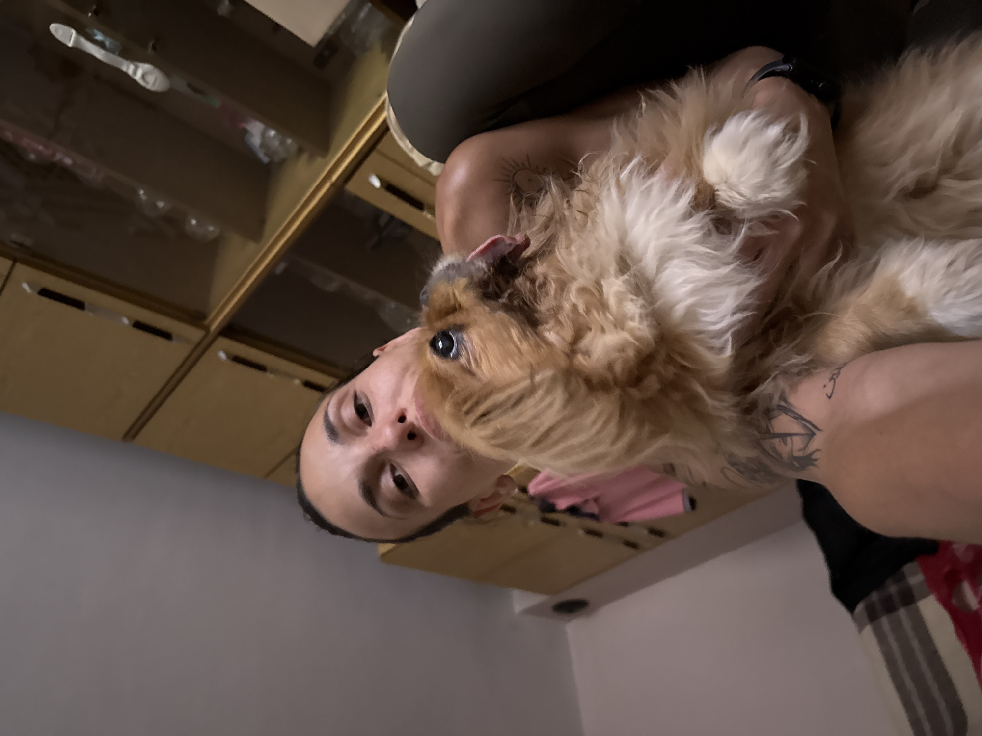 A woman is holding a fluffy, light brown dog in her arms. The dog is looking up and to the right, with its tongue sticking out. The woman is looking towards the camera. She has dark hair pulled back and is wearing a dark top. There are tattoos visible on her arms and shoulder. In the background, there is a wooden cabinet with glass doors, a pink garment hanging on a rack, and a striped blanket. The scene appears to be indoors, likely a residential setting.