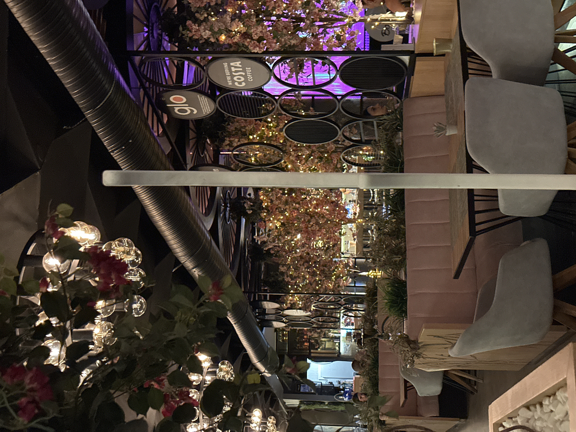 The image depicts the interior of a dimly lit restaurant or cafe. In the foreground, there are light gray chairs with wooden legs positioned at tables with wooden tops and black metal frames. Behind the tables, pink upholstered booths line the walls, interspersed with decorative wooden dividers. Lush greenery, possibly artificial, is used as a backdrop and part of the decor.
Dominating the background are ornate circular wall decorations featuring illuminated cherry blossom trees with fairy lights, and a sign that reads "glo" and "WE'RE SERVING COSTA COFFEE". The lighting is warm and ambient, with some purple uplighting visible in the distance, creating a cozy atmosphere. A large, ribbed metal ventilation duct runs across the ceiling. The overall impression is that of a stylish and modern establishment with a focus on decorative elements and ambient lighting. The restaurant is located in Sofia, Bulgaria, though no specific street or landmark is identifiable from the image. There are a few patrons visible in the background, some seated and others in motion, but their faces are not clearly discernible.