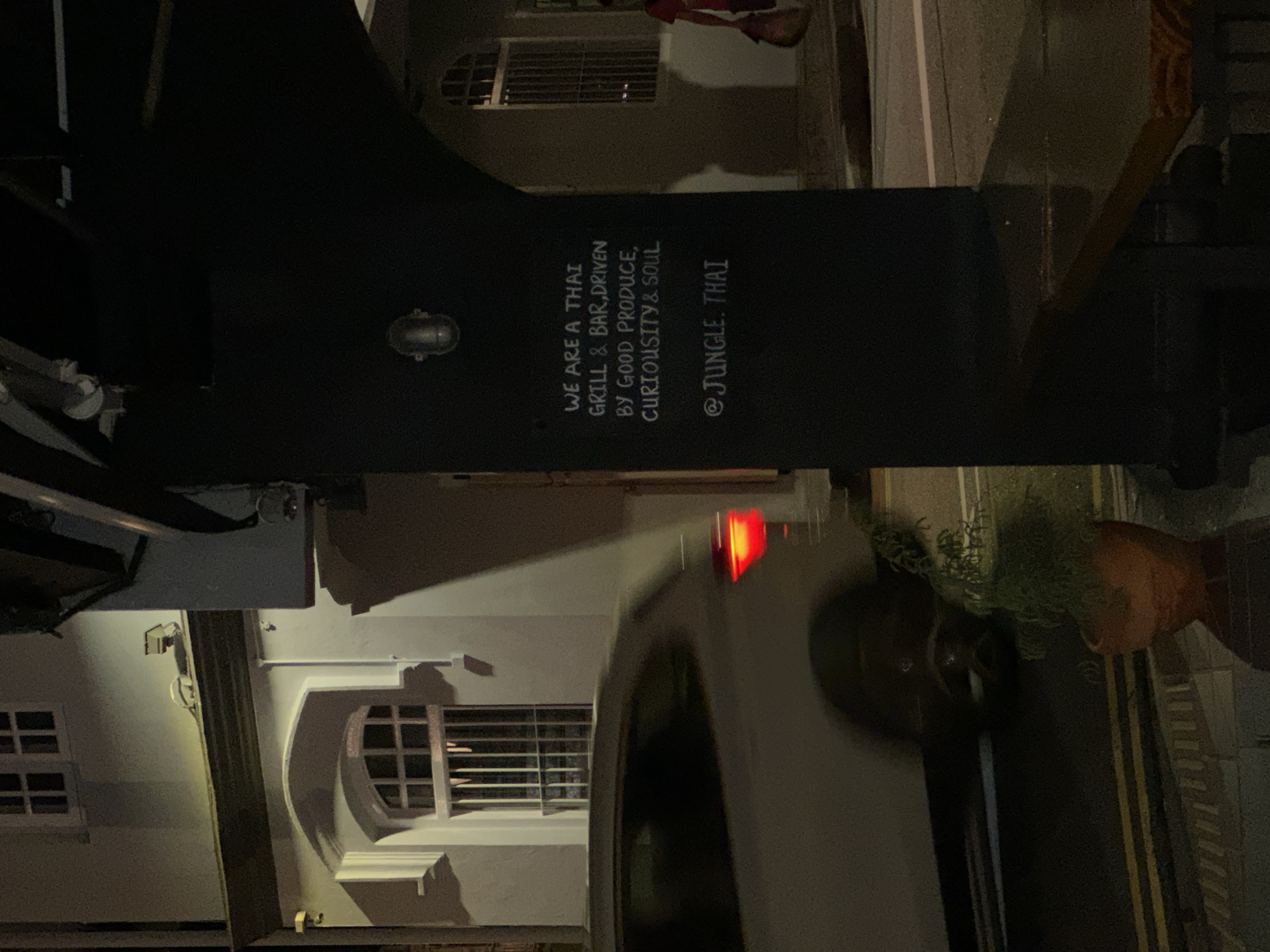 A white car is driving on a wet street at night. The car's taillight is illuminated, casting a red glow. In the foreground, a black column displays white lettering that reads: "WE ARE A THAI GRILL & BAR, DRIVEN BY GOOD PRODUCE, CURIOSITY & SOUL @ JUNGLE. THAI". A potted plant sits to the left of the column. In the background, a building with arched windows and a grey facade is visible. The scene suggests a street view in a city, likely at dusk or nighttime, possibly in Singapore.