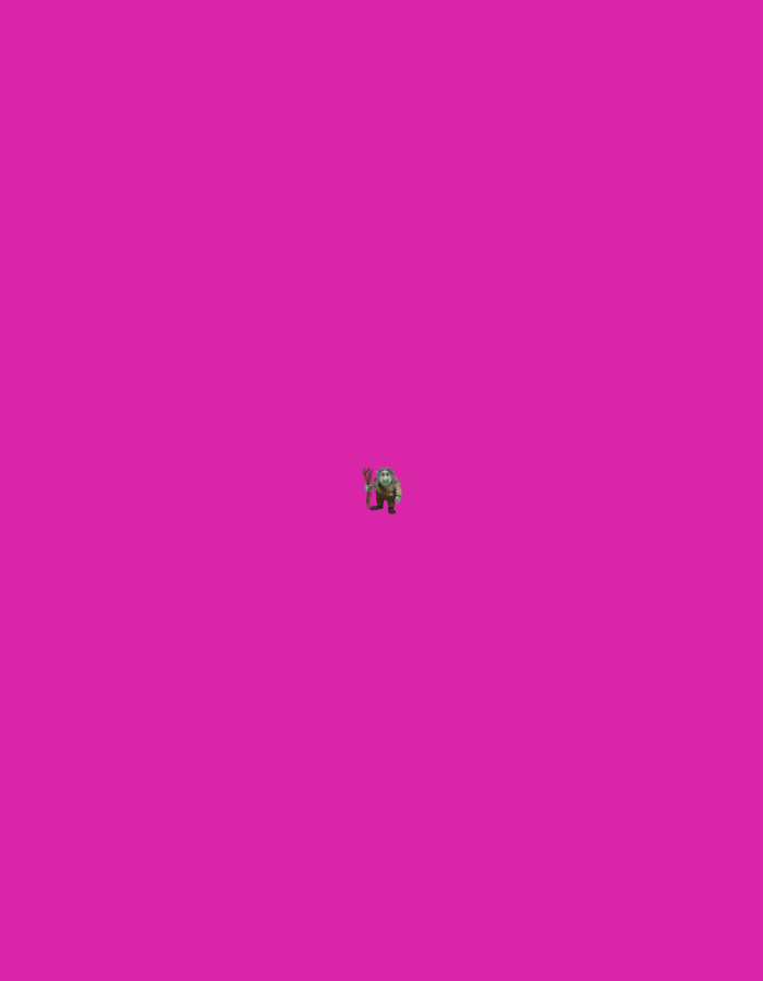 A small, animated character stands in the center of a bright pink, featureless background. The character is light brown and green, with dark hair, and appears to be holding a staff or stick. The figure is facing slightly to the left.