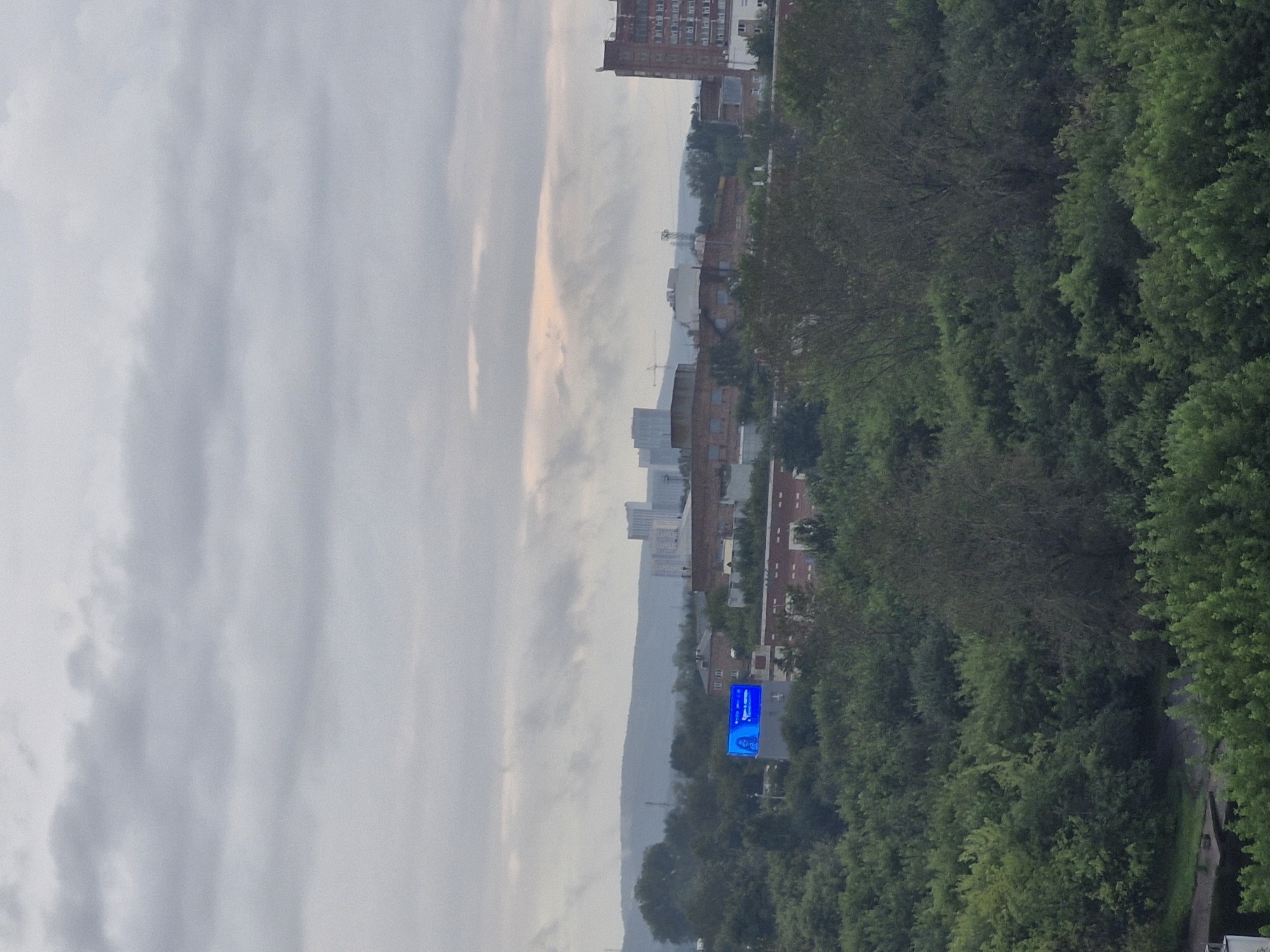 The image captures a cityscape with a dense forest in the foreground, obscuring much of the lower portion of the frame. In the middle ground, several buildings of varying architectural styles are visible, with some appearing industrial or older residential structures. A prominent, brightly lit blue billboard displays an image of a woman, likely an advertisement, standing out against the muted tones of the cloudy sky. Further in the background, a cluster of modern high-rise buildings dominates the skyline, suggesting a more developed urban area. The overall atmosphere is overcast, with heavy clouds filling the sky. The location appears to be Yekaterinburg, Russia, based on visual cues and common city architecture.