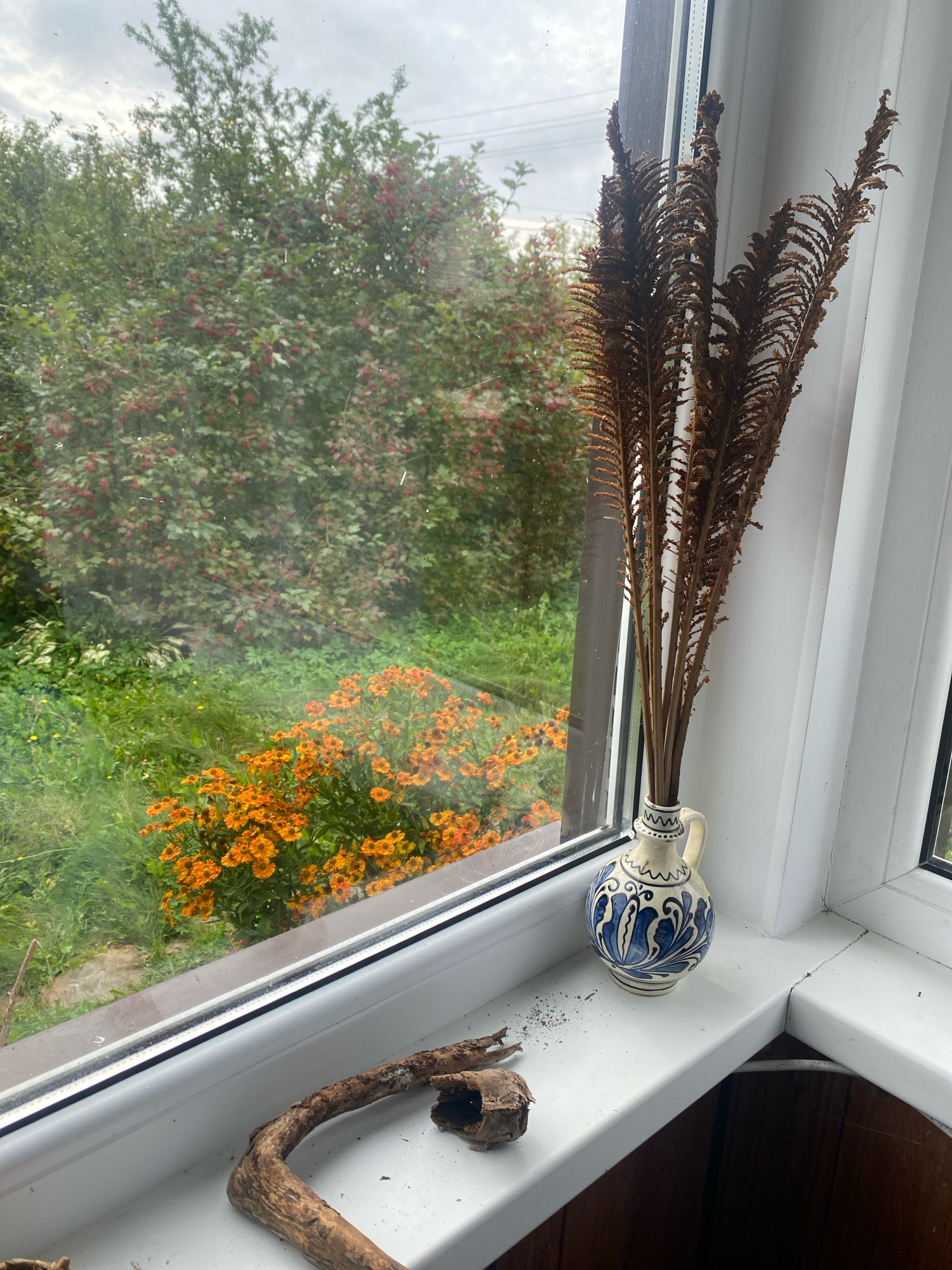 The image shows a view through a window onto a garden area. On the windowsill in the foreground, there is a small decorative ceramic vase with dried fern fronds inside. To the left of the vase, there is a piece of driftwood. The background visible through the window consists of lush green foliage, trees with red berries, and a patch of bright orange flowers. The sky is overcast. The scene appears to be in a rural or semi-rural setting, possibly a home in Папярнянскі сельскі Савет, Belarus.