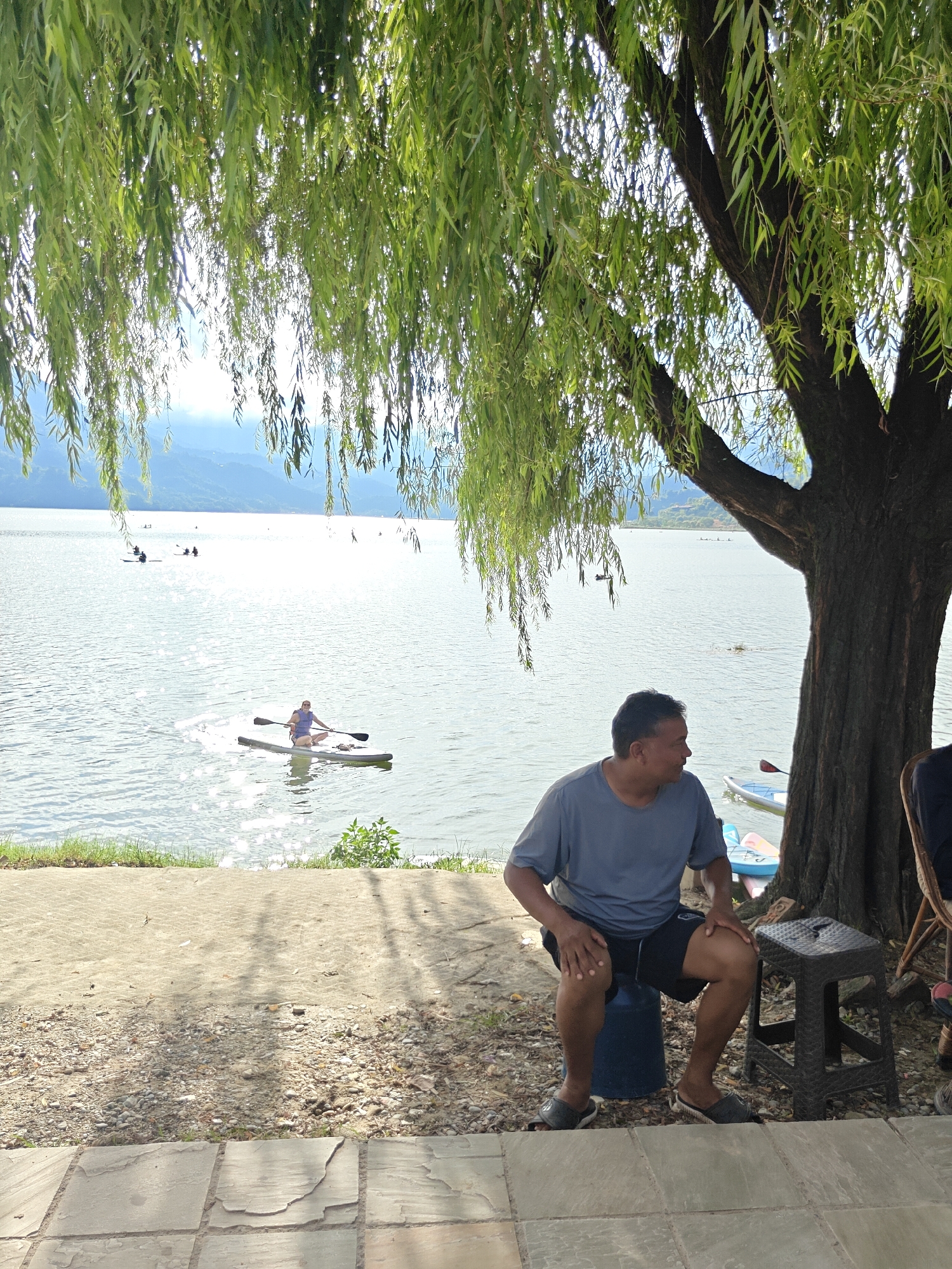 In Pokhara, Nepal, a man sits on a blue stool under a large willow tree, looking out at Phewa Lake. He wears a blue t-shirt and black shorts, with grey sandals. Beside him is a black plastic stool. The lake is calm, with several people on paddleboards and small boats in the distance. The background shows a hazy, mountainous landscape under a bright sky. The foreground consists of a paved area with scattered stones and foliage.