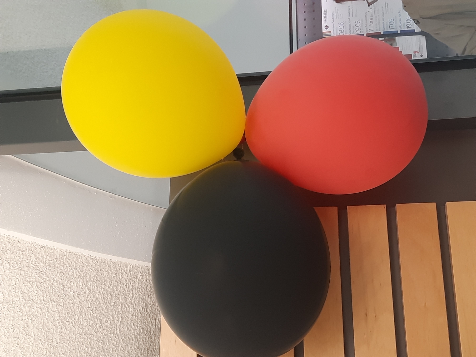 The image shows three large, round balloons: one black, one red, and one yellow. They are clustered together, with the black balloon on the left, the red balloon in the bottom center, and the yellow balloon at the top right. The balloons appear to be inflated and are likely made of latex.
The background is a mix of textures and colors. On the left, there is a textured, light-colored surface, possibly a ceiling or wall, with a visible seam. Below this, a wooden slatted panel is visible, providing a warm, natural element to the scene. To the right of the balloons, a dark grey surface is partially visible. Further to the right, a display or poster with text is visible. The text appears to be in German and mentions dates such as "03.06.", "09.06.", "11. Juni bis 13.", and "17.06.", "19.06.". The word "StadtLeben" is also visible, which can be translated to "City Life." This poster suggests the location is an event space or a public area in a German city.
A partial view of a person wearing glasses and a light-colored jacket is visible on the far right of the image, looking towards the display.
Given the mention of "StadtLeben" and the German text on the poster, this scene is likely located in the city of Rosenheim, Germany, possibly at a public event or within a municipal building that promotes local events and activities. The wooden panels and the textured ceiling suggest an interior setting, perhaps a community center, a town hall lobby, or a similar public space.
