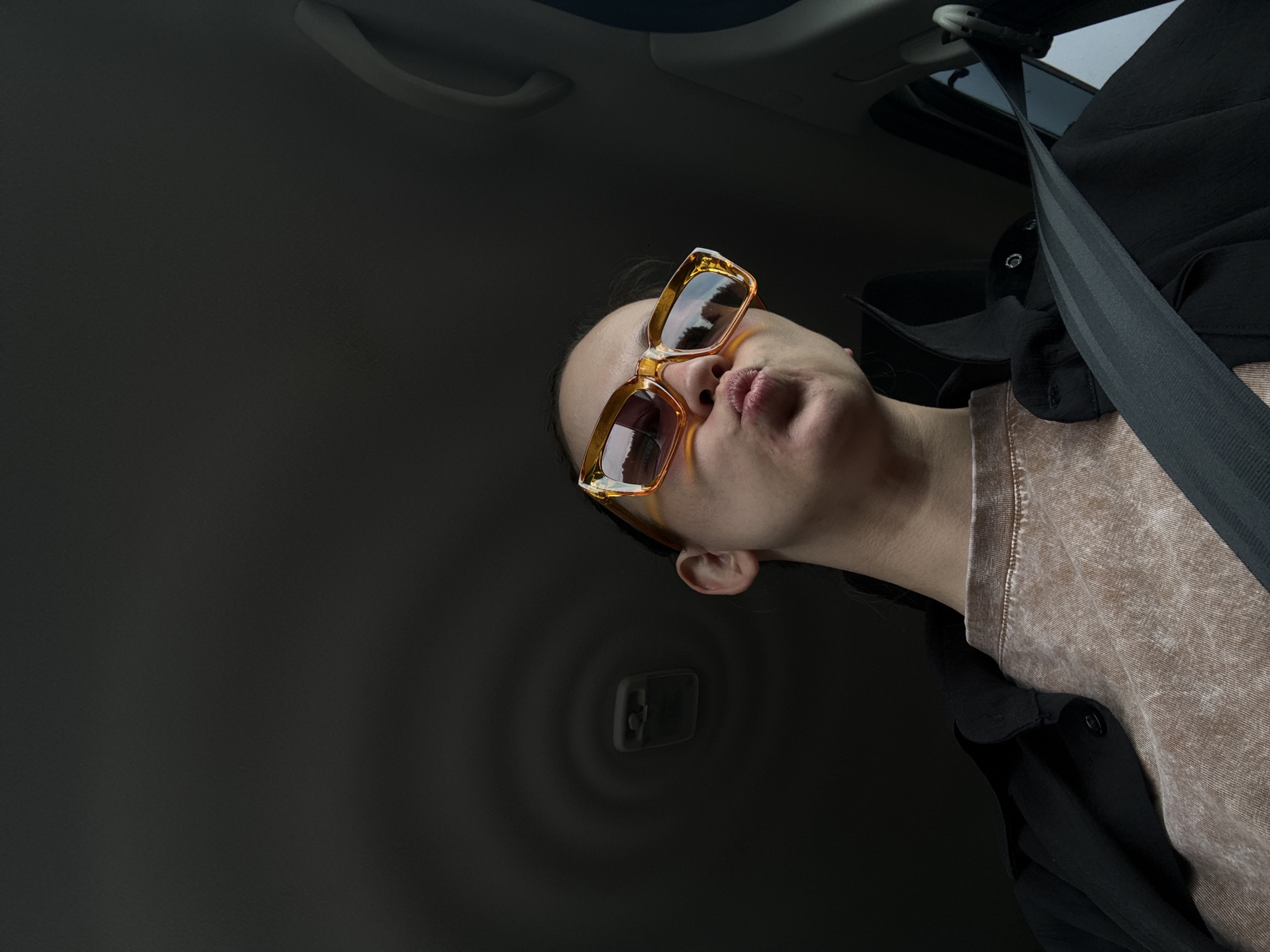 The image shows a person wearing orange-tinted sunglasses and a seatbelt inside a vehicle. The interior of the vehicle is visible, including the headliner, a grab handle, and a light fixture. The person is wearing a peach-colored shirt and a black jacket. The background is out of focus and dark. There is no information suggesting the image was taken in Shadki, Russia.