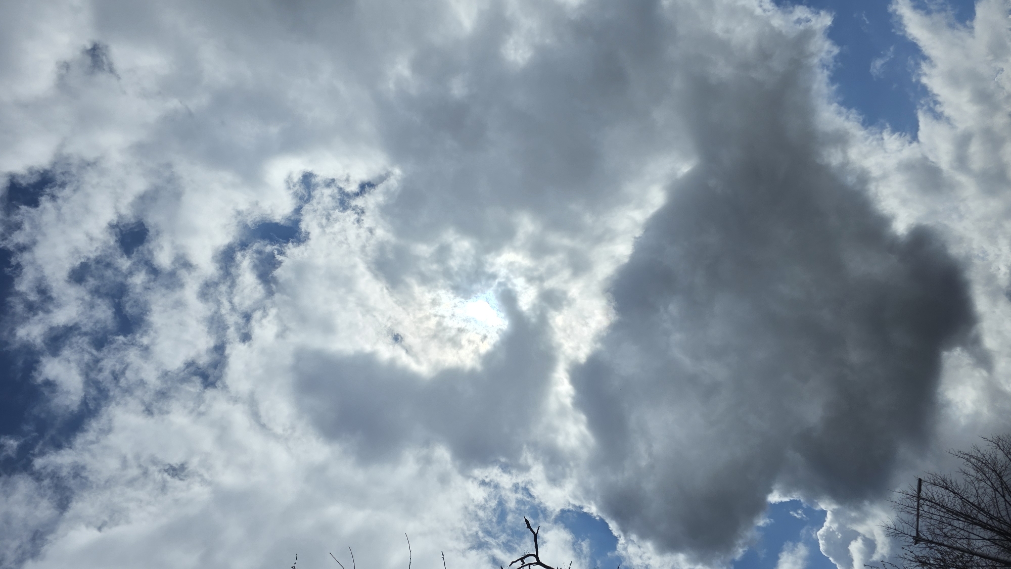 The image shows a view of the sky with a mix of white and gray clouds. Patches of blue sky are visible between the clouds. At the bottom edge of the image, there are silhouettes of tree branches. The location is likely Blagoevgrad, Bulgaria, based on the prompt, though the image itself offers no location-specific clues. No people or actions are visible.
