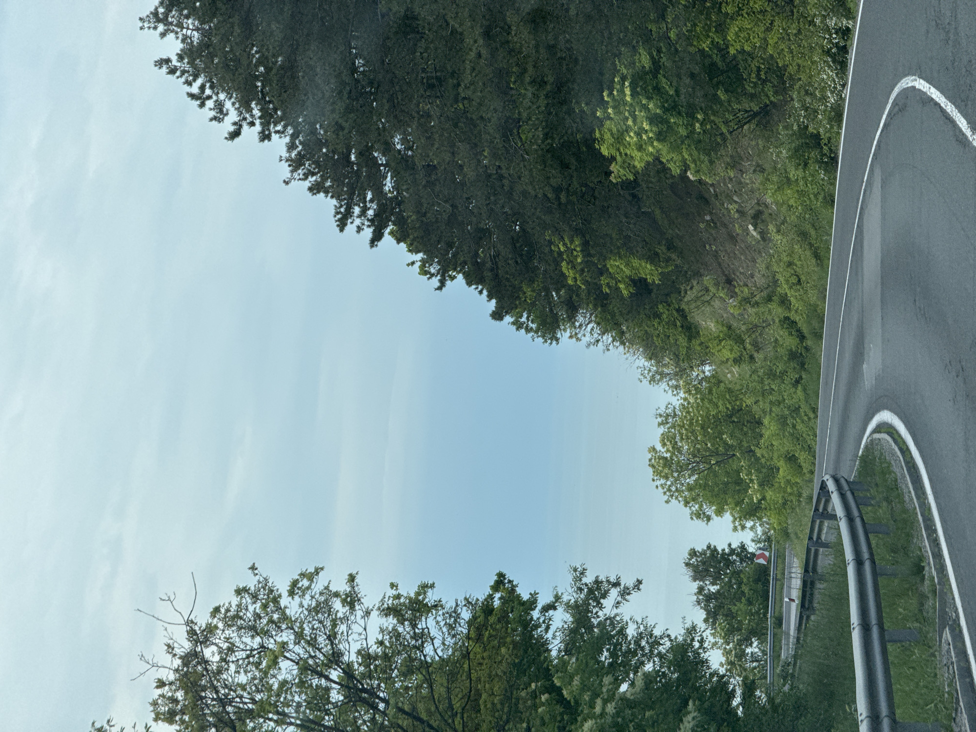 The image shows a road winding through a forested area under a bright sky. The road has a white line marking the edge and a metal guardrail. The trees are lush and green. There is no information about the city of Nesebar, Bulgaria in the image.