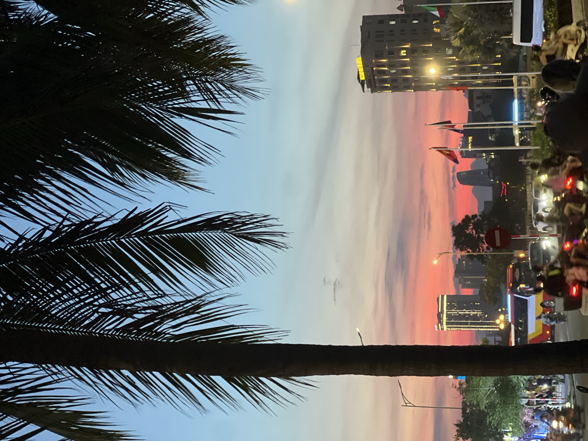 In a city at dusk, palm fronds frame a vibrant sky streaked with pink and orange. The cityscape below is illuminated by the warm glow of sunset and city lights. Tall buildings, including one with prominent yellow lighting, punctuate the horizon. The street scene is active with vehicles, including a red and yellow bus, cars, and motorcycles, suggesting a bustling urban environment. Several flags fly on poles, adding a touch of national representation to the scene. The overall impression is a lively, colorful urban setting bathed in the warm light of sunset.