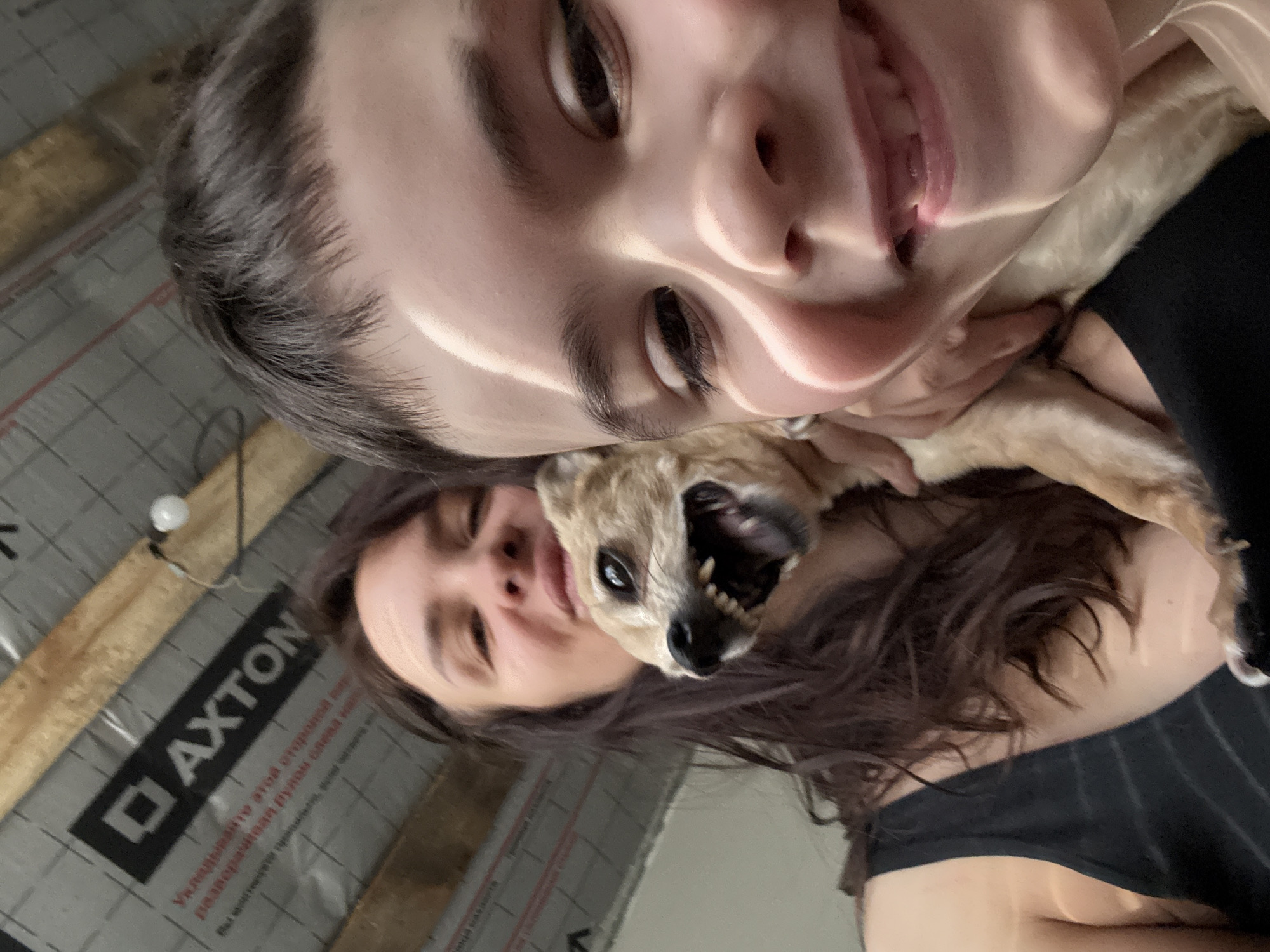 The image captures a close-up, upward-angled indoor scene featuring an adult female, a child, and a small dog. In the foreground, positioned to the right, a young child with dark hair and fair skin smiles broadly towards the camera, with sunlight casting diagonal shadows across the right side of the face. The child's upper teeth are visible, one appearing to be missing or partially erupted. To the left and slightly behind the child is an adult female with long, dark hair, wearing a black tank top, looking towards the camera with a subtle expression. Between the child and the woman, a small, light brown dog is held. The dog's mouth is wide open, revealing its teeth and partially visible tongue, with dark, prominent eyes. The background shows an unfinished ceiling area with exposed wooden beams, grey insulation material, and a single bare light bulb suspended from a wire. A black banner with the white "AXTON" logo and Cyrillic text is affixed to the insulation. The scene is situated in Chaikovsky, Russia.