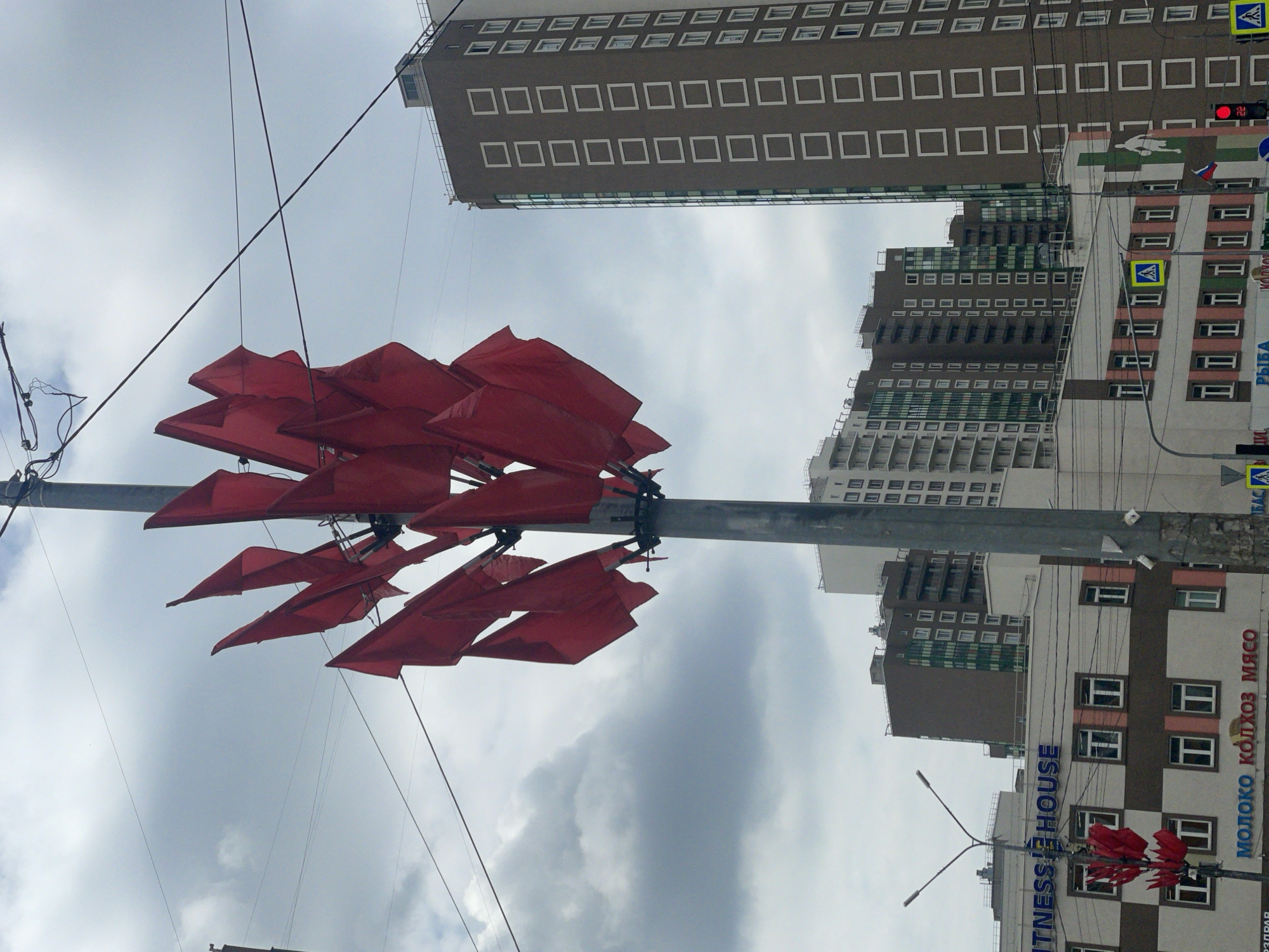 The image depicts a street scene in the city of Unknown, Russia. A gray metal pole is adorned with a cluster of red, triangular flags. Power lines are visible against a cloudy sky. Buildings in the background include multi-story apartment complexes with repetitive window patterns. Building signs in Russian are visible. One sign includes the words "Fitness House" in English. Other signs are "молоко колхоз мясо" and "рыба". A crosswalk symbol and traffic light are also present.