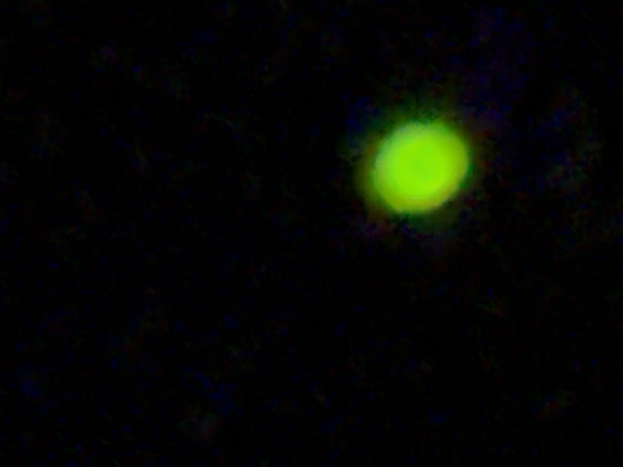 The image is a dark, out-of-focus photograph of a green, circular light source against a black background. The light source is slightly blurred and appears to have a soft halo effect. There are no discernible people, objects, or environmental details visible. The location in the city of Burgas, Bulgaria, is not identifiable from the image itself.