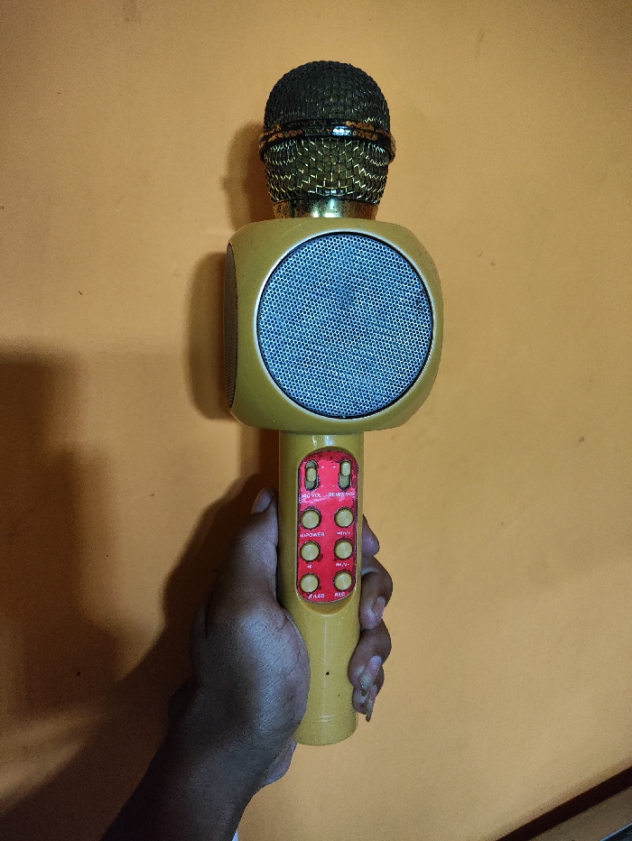 A person holds a yellow and gold portable karaoke microphone with an integrated speaker against a plain, yellowish-orange background. The microphone features a black mesh head with a golden band and a prominent blue-grill speaker on its body. A dark-skinned hand grasps the lower part of the device. A red control panel on the microphone's handle contains several white buttons, labeled with functions such as "M.VOL", "REVERB", "POWER", "M.V+/-", "V+/-", "LED", and "REC". Two digits "0 0" are visible at the top of this panel. A distinct shadow of the hand and microphone is cast on the background to the left, suggesting a light source from the right. The setting appears to be indoors, likely against a simple wall. The context provided for the location is Selagai Lingga, Indonesia.