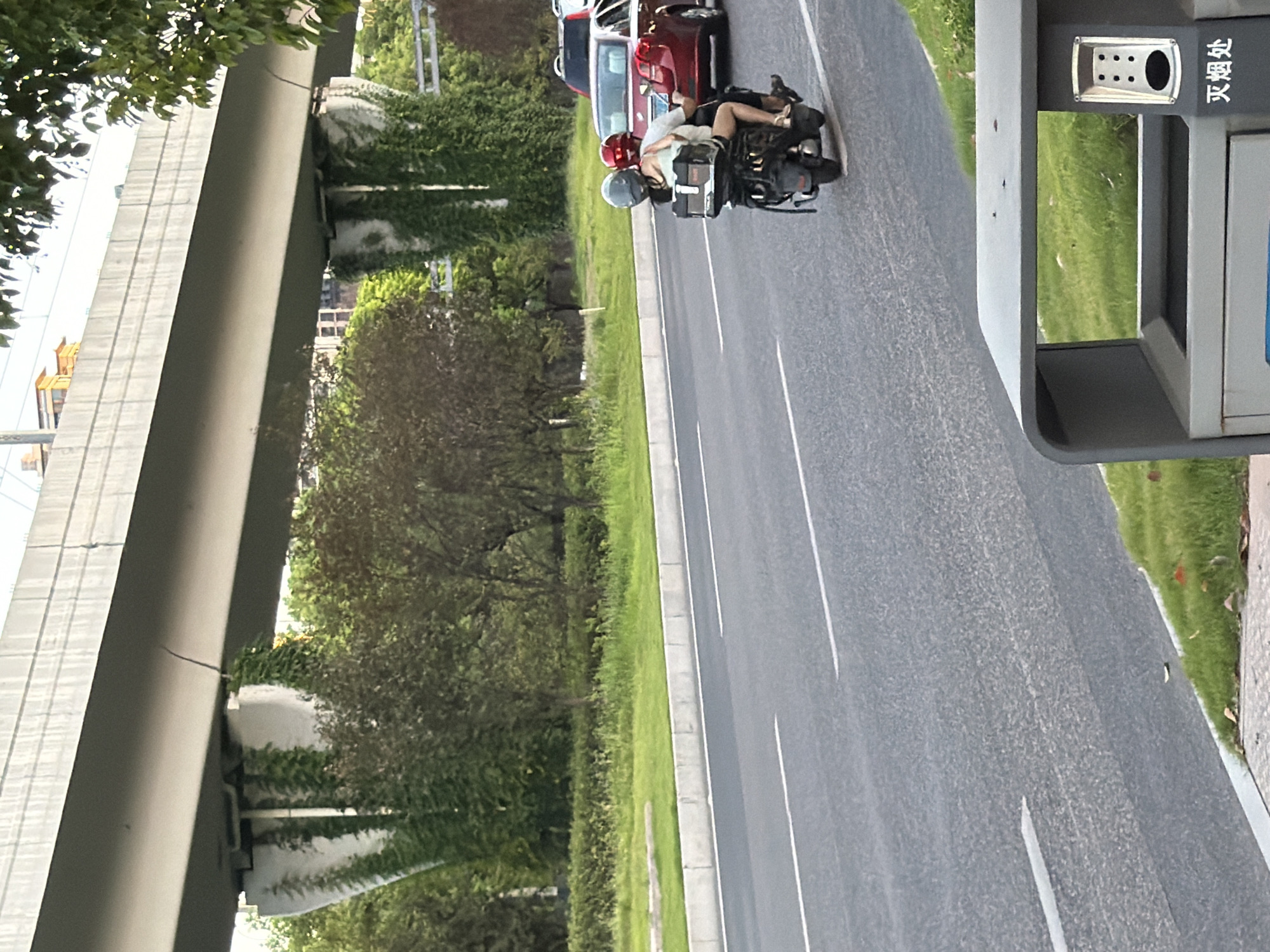 In the city of Jiangjin, China, an elevated highway structure runs horizontally across the frame, supported by concrete pillars draped in ivy. Below the highway, a street scene unfolds. A motorcycle, carrying two individuals wearing helmets, travels on the right lane of a multi-lane asphalt road. The passenger, a female, is seated behind the driver, wearing a light-colored top and dark shorts. She has long dark hair. The driver, also wearing a helmet, is clad in a dark shirt. A black storage box is mounted on the rear of the motorcycle. A red sedan is visible in the adjacent lane. The roadside features a grassy embankment and trees. In the foreground, a grey public trash receptacle with an ashtray attachment is situated on a paved walkway.