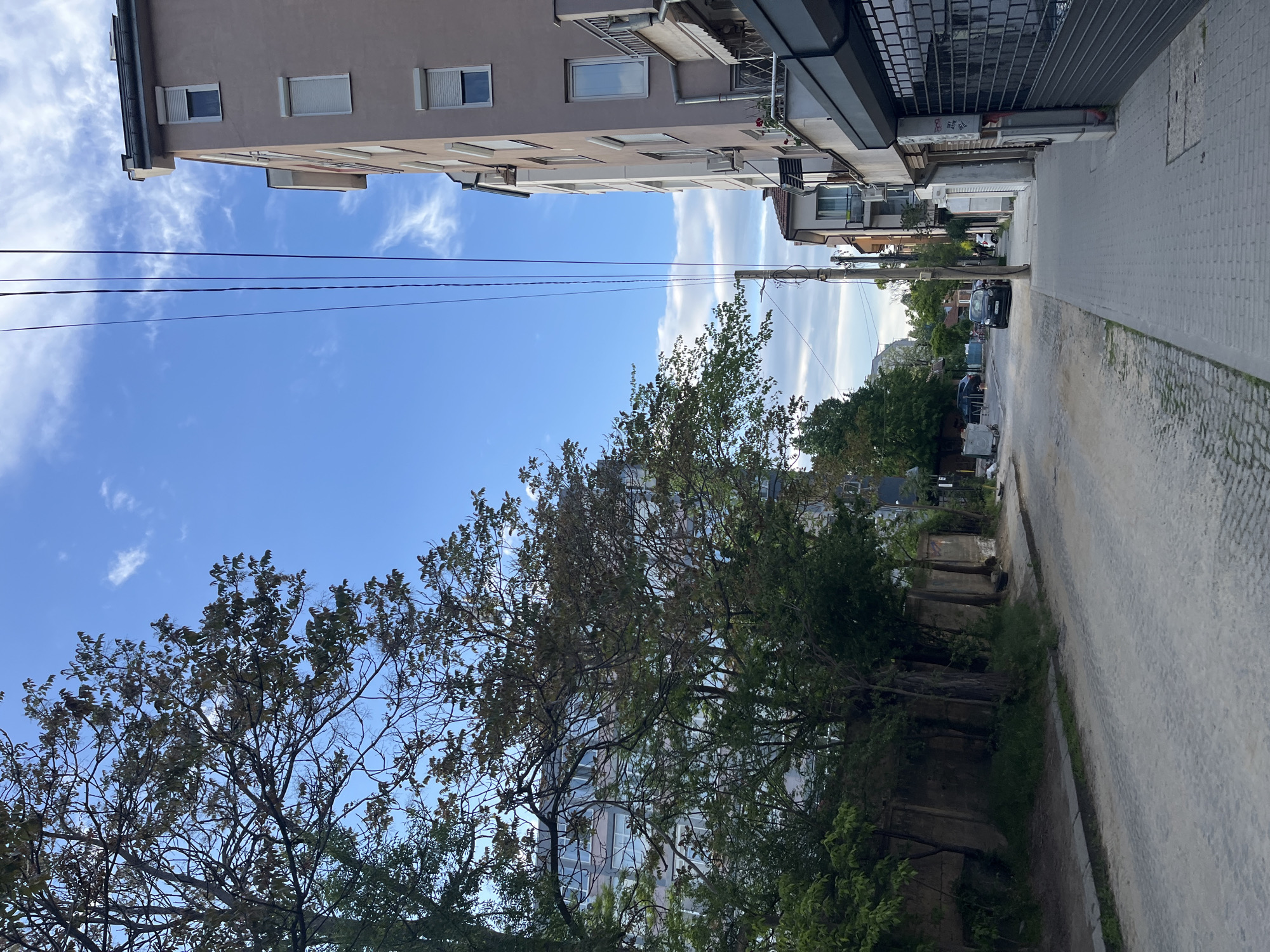 The image depicts a street scene in Sofia, Bulgaria. The perspective is from ground level, looking down a narrow street with a slight incline. The sky is blue with scattered clouds, visible above buildings and trees. A multistory apartment building stands on the left, its facade a light beige color with rows of windows and some balconies. Overhead electrical wires stretch across the sky. On the right, a mix of residential and commercial buildings line the street. A grey metal shutter covers a storefront, suggesting business. The street is paved with light grey paving stones. Several cars are parked along the right side of the street, and a few people are visible in the distance. In the foreground, trees with green foliage partially obscure the view, casting shadows. A low concrete wall or fence runs alongside the sidewalk on the left, adjacent to the trees.