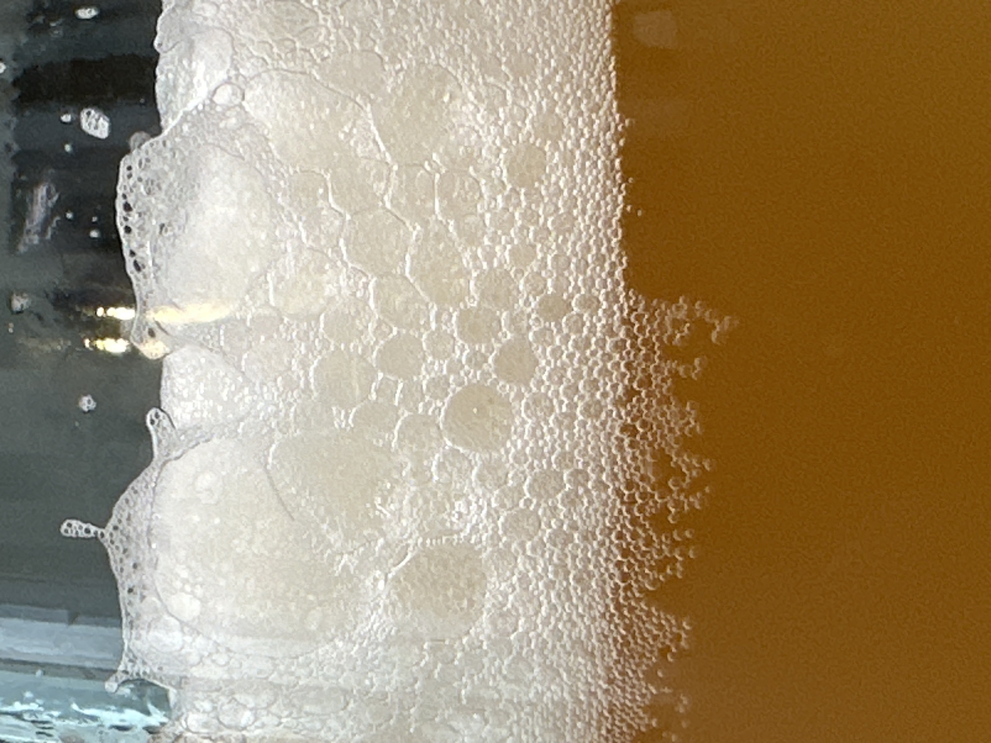 The image is a close-up, full-frame shot of the frothy head of a beverage, likely beer, in a glass. The foam is dense and textured, with varying bubble sizes, from large, irregular ones at the top to smaller, more uniform bubbles towards the bottom where it meets the liquid. The liquid beneath the foam is a warm, amber color, slightly translucent. The background is dark and out of focus, suggesting a dimly lit environment. There are no people, animals, or buildings visible. The location in Vsevolozhsk, Russia, is not discernible from the image itself, as it solely depicts the beverage.