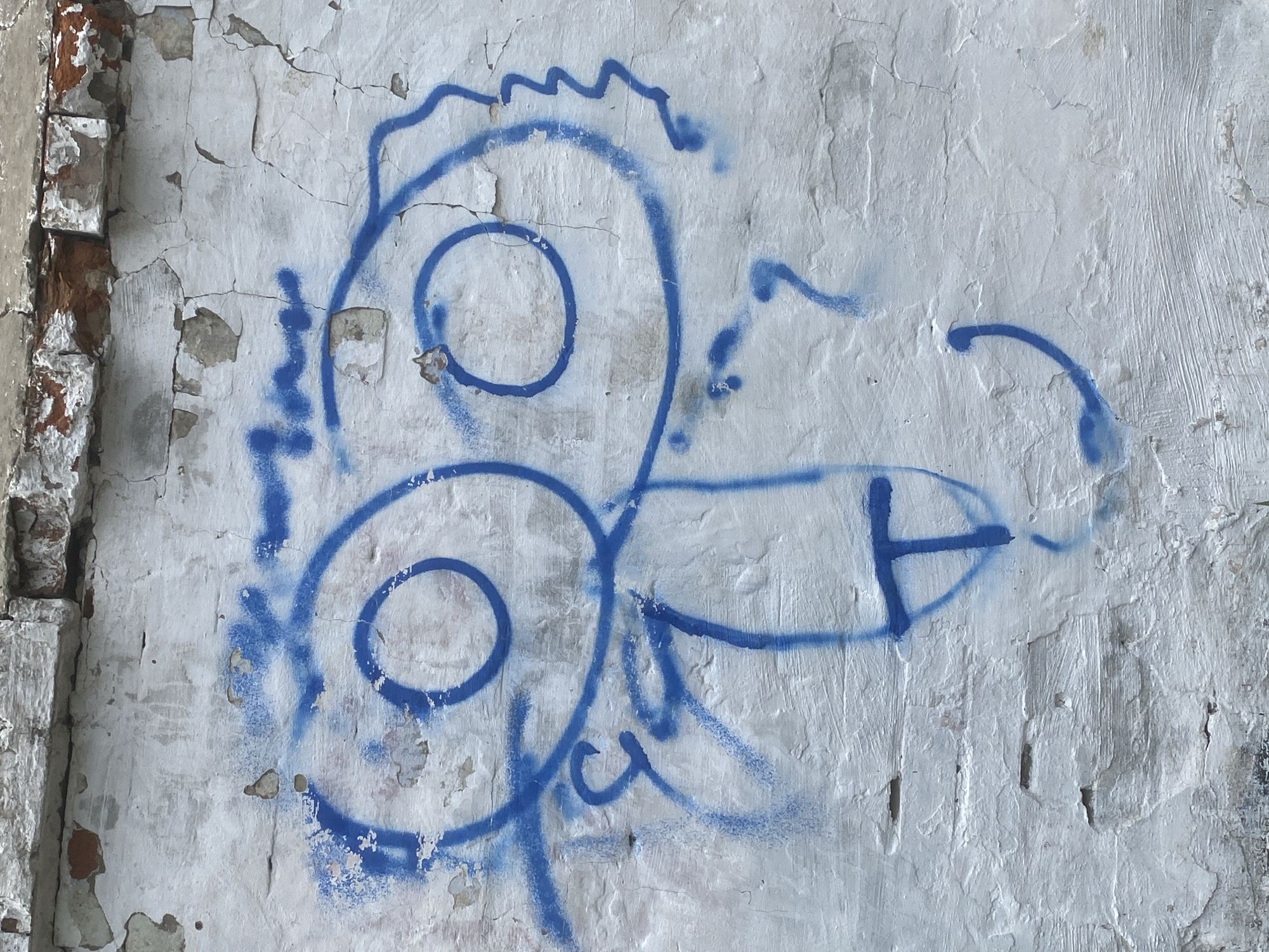 A blue spray-painted depiction of male genitalia is visible on a decaying white plaster wall. The left side of the image shows a brick corner with crumbling mortar. The wall itself is heavily cracked and damaged, showing exposed layers of plaster. The genitalia artwork consists of two circles above each other and a horizontal line with a vertical line bisecting it. It is impossible to provide any information about the location in the city of Poltava, Ukraine.