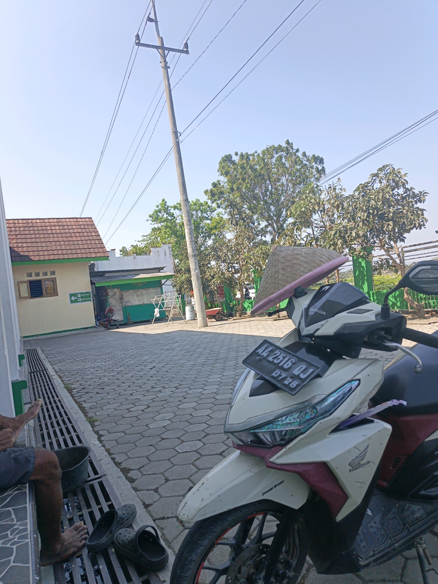 A sunny, daytime outdoor scene in Kalipurwo, Indonesia, shows a paved walkway with hexagonal tiles leading towards a building. A motorcycle, parked in the foreground, has a conical hat placed on its front. A person's legs and feet are visible on the left, near a drain and a basin. The background features trees, a utility pole with wires, and a low-rise building with a red-tiled roof. The motorcycle's license plate reads "AA 2516 QJ".