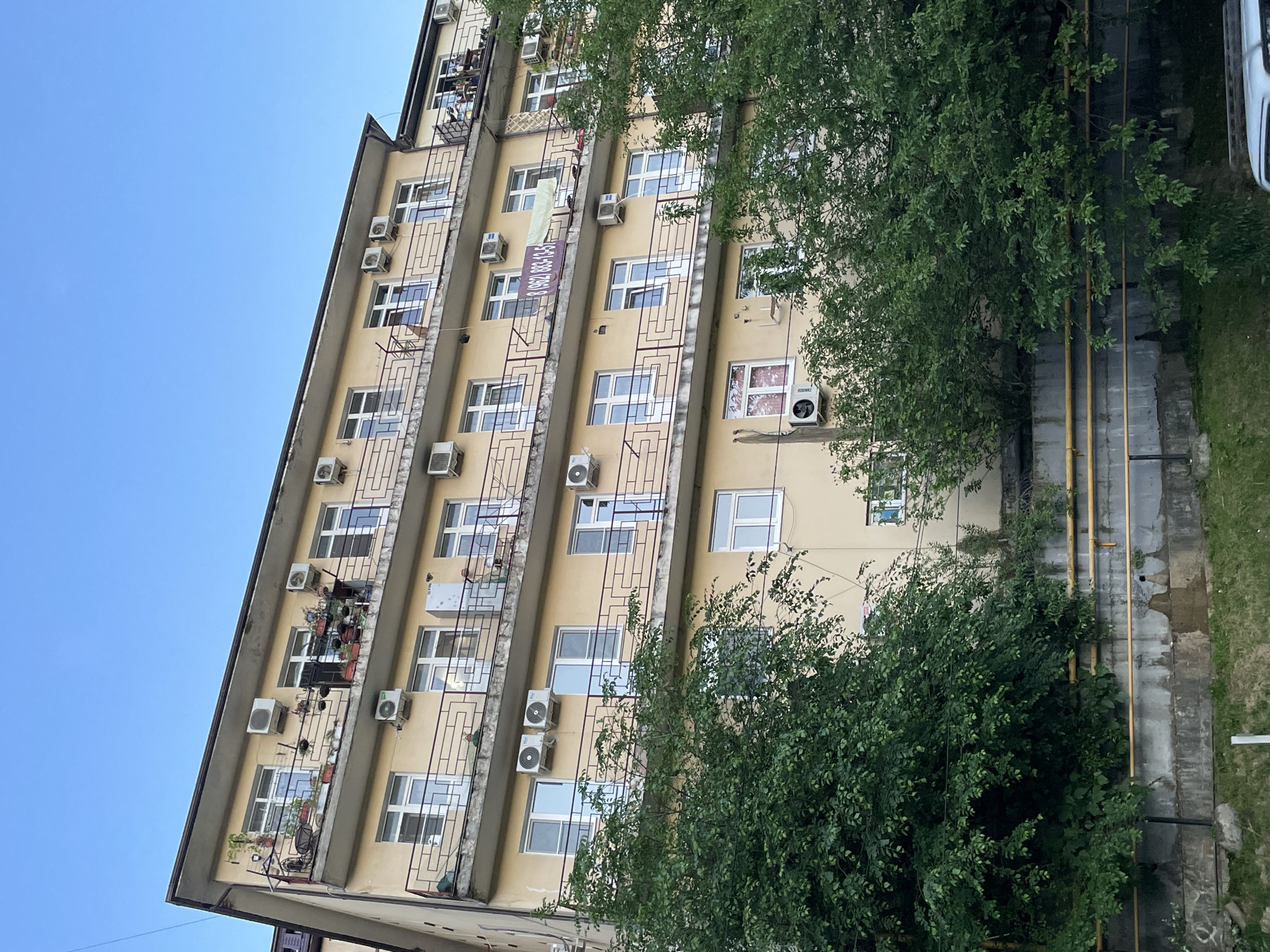 The image depicts a multi-story residential building with a light yellow or beige facade, viewed from a slightly upward angle against a clear blue sky. The building features numerous rectangular windows with white frames, arranged in vertical columns. Balconies with black metal railings are present on most floors, some of which are adorned with potted plants and outdoor furniture.
A prominent feature of the building is the abundance of individual air conditioning units mounted on the exterior walls next to almost every window or balcony, indicating a warm climate or common practice. Lush green trees partially obscure parts of the building, especially on the right side and towards the ground level. At the base of the building, yellow pipes run along a concrete structure, with some patches of green grass visible.
A notable detail is a vertical banner hanging from one of the balconies on the left side of the building, which displays a phone number: "(962) 883-13-51".
The scene is illuminated by bright daylight, suggesting a clear, sunny morning or early afternoon. No people are visible, and no specific activities are taking place. The overall impression is that of a typical urban or suburban residential scene, consistent with the provided location context of Sochi, Russia.