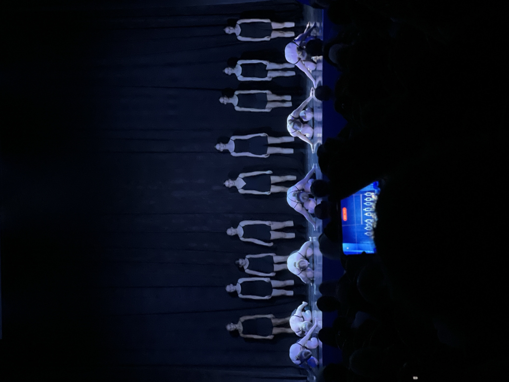 The image captures a performance on a stage, featuring a line of individuals. On the left side of the stage, performers dressed in simple black dresses are lined up. In the right, individuals are in different positions, resembling athletic or gymnastic stances with white head coverings. Dark curtains form the background, and a screen with digital displays is visible in the audience area. To the right, there is a silhouette of an audience. There is no information about the location being in Saint Petersburg, Russia.