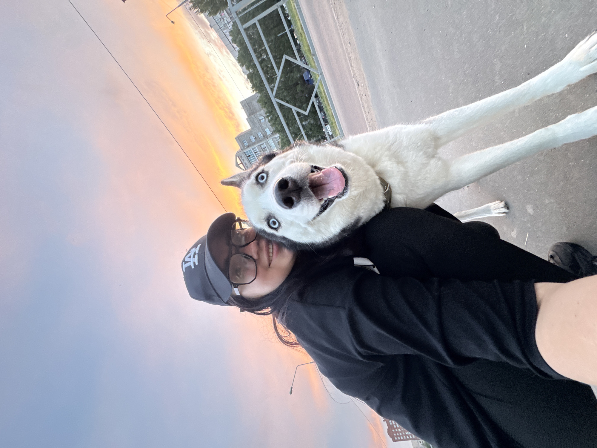 An outdoor, urban scene is depicted at dusk or sunset in the city of Unknown, Unknown. The foreground features a person and a Siberian Husky dog. The person, a female with dark hair, wears a black baseball cap with a white "LA" logo, dark-framed eyeglasses, a black long-sleeved top, and black pants. She is crouched down, smiling, and looking directly at the camera. Her right arm is visible in the lower left of the frame. The dog, a white and black Siberian Husky, stands next to the person. It has bright blue eyes, an open mouth with its tongue slightly extended, and appears to be looking directly at the camera. The person's left arm is around the dog's neck/shoulder. In the midground, a gray asphalt or concrete surface is visible, alongside a gray metal fence or barrier with square and diamond-shaped elements. Beyond the fence are green trees, utility poles, and streetlights. The background reveals multi-story buildings, likely residential, under a sky exhibiting a gradient of light blue, pink, and orange hues typical of sunset. Overhead, a dark, thin line resembling a power line or wire spans across the sky.