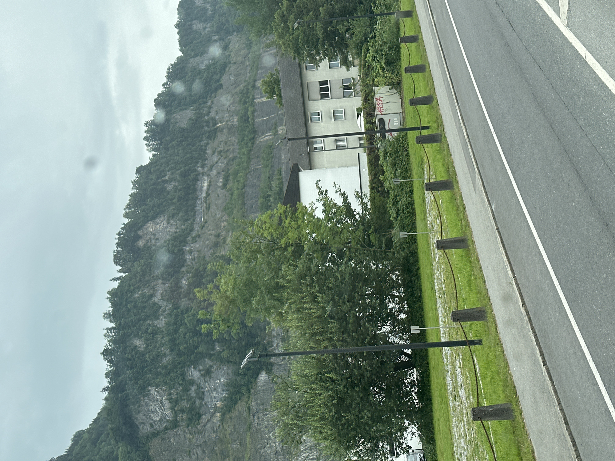 The image depicts a street scene in Dornbirn, Austria, with a steep, vegetated mountain face dominating the background under an overcast sky. In the middle ground, a two-story building with multiple windows and a dark roof is visible, surrounded by lush green trees and shrubs. A white section of a building is also present to the left of the main building. In the foreground, a grey asphalt road with a white lane marker curves to the right. A concrete sidewalk runs alongside the road, separated by a low barrier made of concrete posts connected by a thick chain. A solar-powered street lamp stands on the sidewalk, and a metal utility box with red graffiti is situated behind the barrier. The grassy area between the sidewalk and the building appears somewhat uneven and scattered with small white debris, possibly hailstones. The scene is quiet, with no people visible.