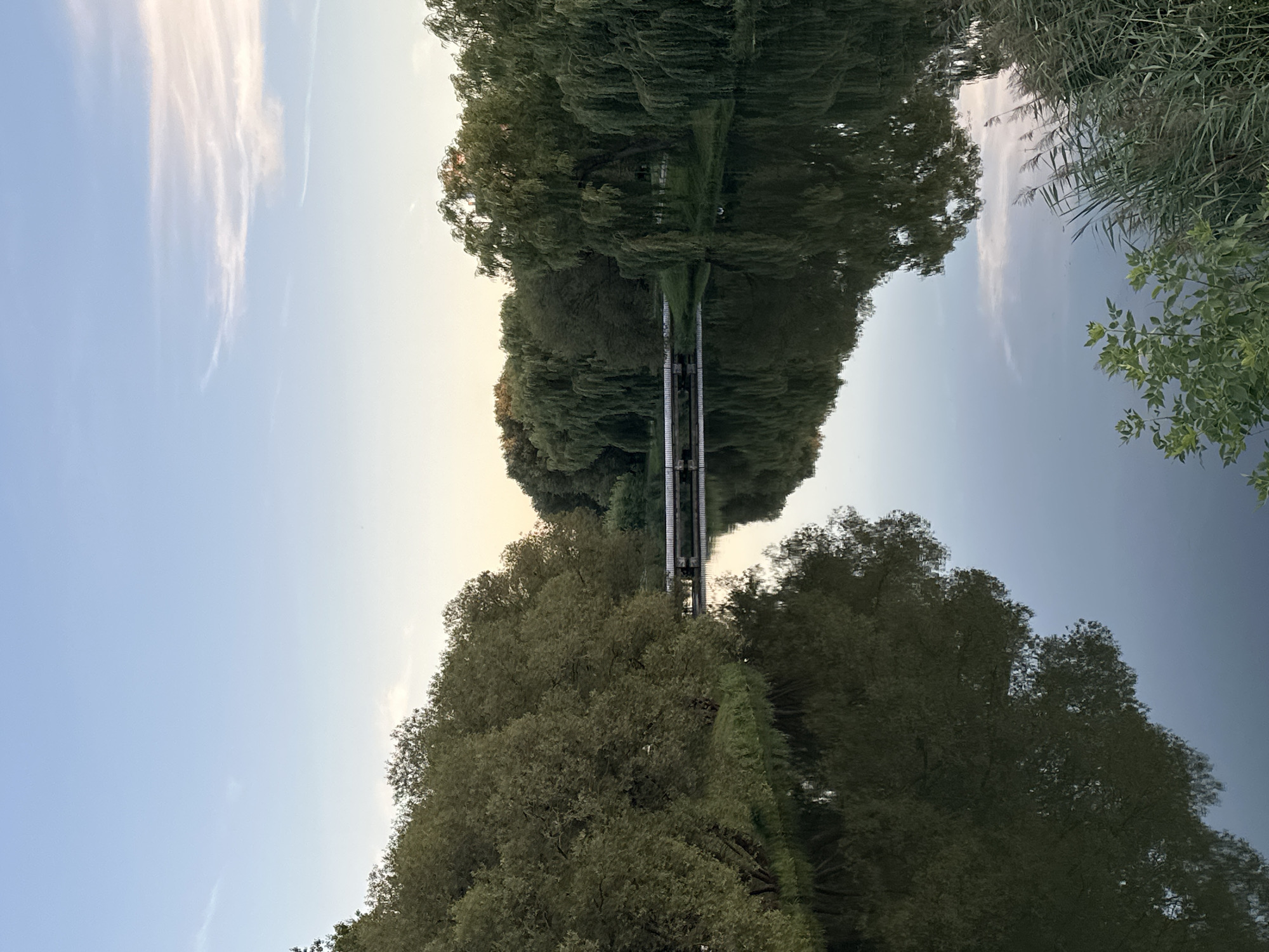 The image depicts a tranquil scene of a calm river reflecting the sky and trees. On the left side, a dense cluster of leafy green trees lines the bank, their reflections mirrored in the water. Across the river, on the right, are weeping willow trees with their characteristic hanging branches, also reflected. A white bridge with multiple arches spans the river in the middle distance, connecting the two banks. The sky is a soft blue with wispy white clouds, indicating it may be early morning or late evening. The water is still, creating a perfect mirror image of the surrounding landscape and the sky. The overall impression is one of peace and natural beauty, consistent with a park or riverside area.
This scene is likely located in Minsk, Belarus, as it closely resembles the Svislach River, particularly areas within parks like Gorky Park or the Loshitsa Park, known for their picturesque bridges and abundant trees. The specific bridge structure and the types of trees are common features found along the Svislach in these recreational zones.