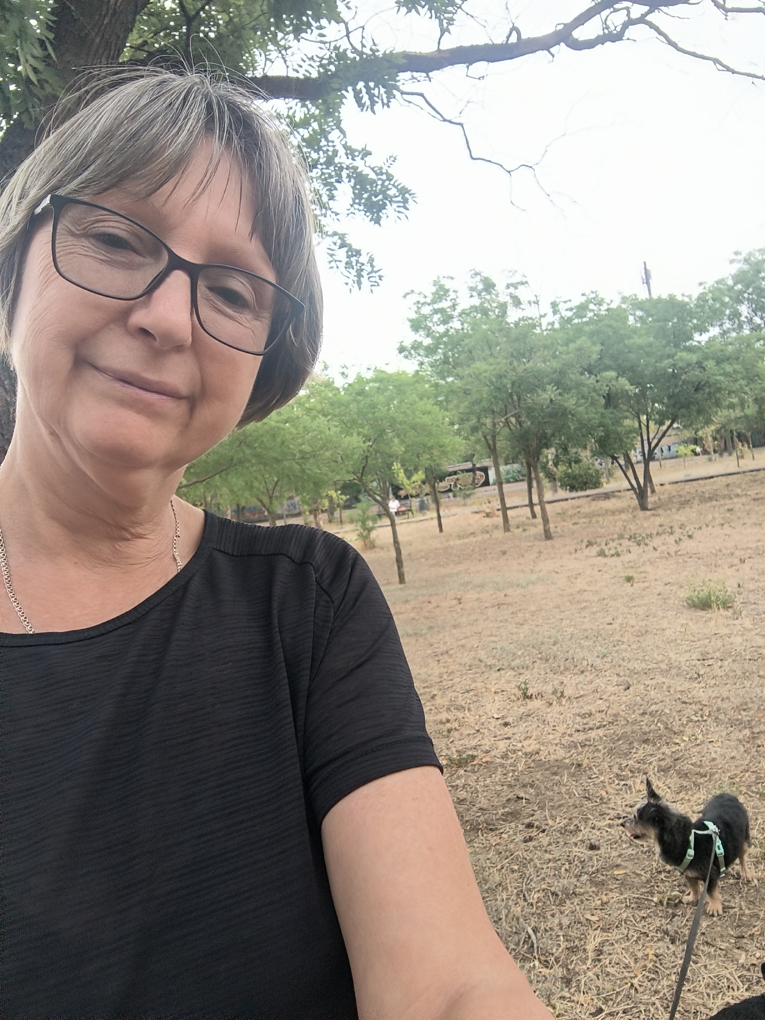 A middle-aged woman wearing glasses and a black t-shirt is taking a selfie outdoors. She is smiling gently, and her head is tilted slightly. A small black and tan dog on a leash stands to her right, looking off to the side. The environment appears to be a park with dry grass, scattered trees, and some distant structures that may be buildings or art installations. The sky is overcast and bright. There is no indication that this location is in Mykolaiv, Ukraine.