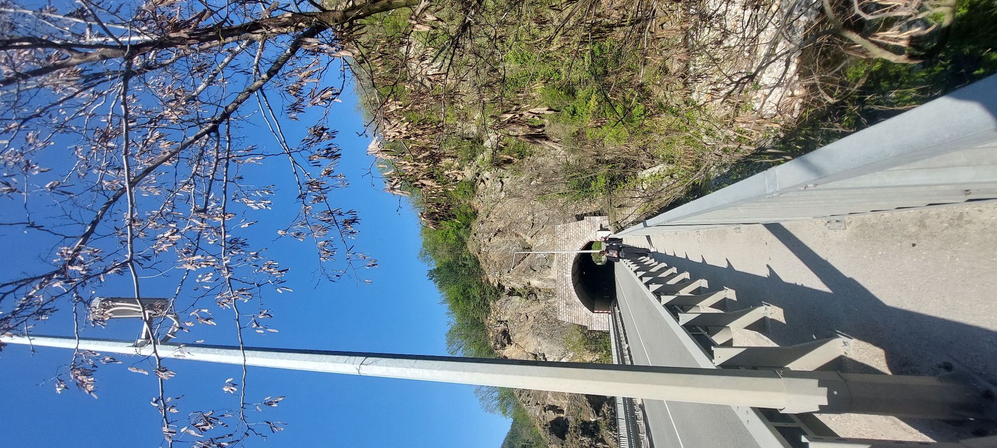 The image shows a view from a bridge near Бачковски манастир, Bulgaria. The bridge spans a ravine or gorge, with rocky cliffs and vegetation visible on either side. A road tunnel is visible in the cliff face near the bridge. Two people are standing on the bridge near the tunnel entrance. The bridge has gray guardrails. In the foreground, there's a light pole and tree branches with leaves against a blue sky. The photo appears to have been taken from a low angle or while tilting the camera upwards.