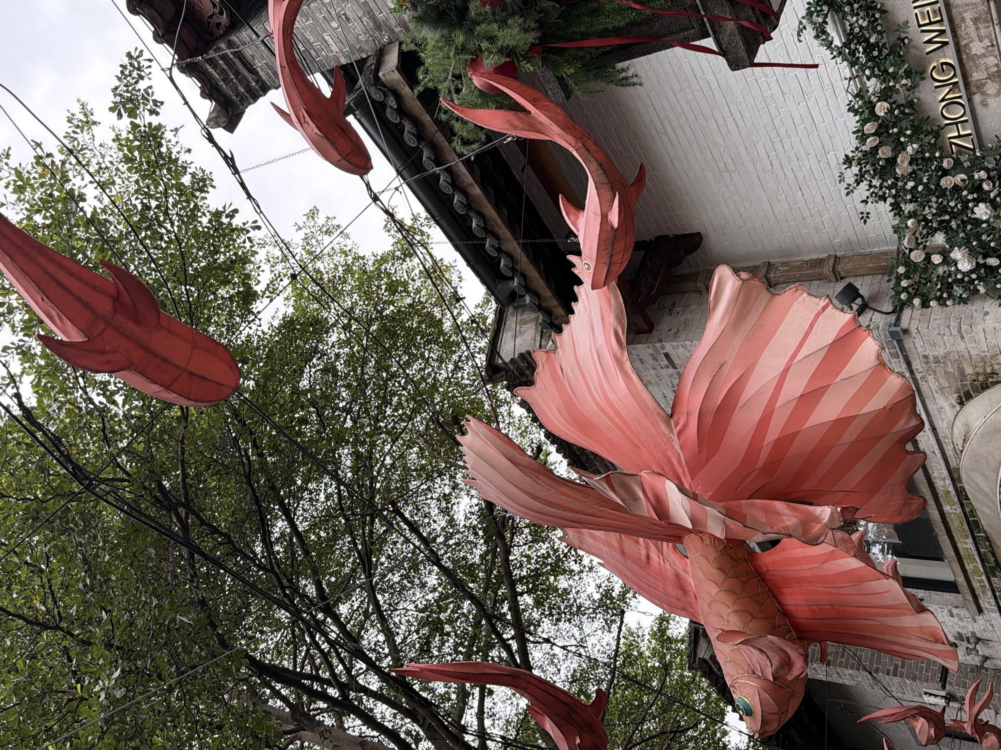 In Chancheng District, China, decorative red fish lanterns hang suspended from wires above a building with traditional Chinese architectural elements. The lanterns, varying in size and design, are crafted from fabric and appear to be in motion, creating a dynamic visual display. One large lantern, prominently featured in the foreground, showcases intricate details with its flowing fins and textured body. The building itself is constructed with brick and features a tiled roof. Green foliage, possibly part of a decorative arrangement, is visible near the top of the building, and a sign with the text "ZHONG WEI" is illuminated below. The scene is set against a backdrop of green trees and an overcast sky, suggesting an outdoor, possibly festive, environment.
