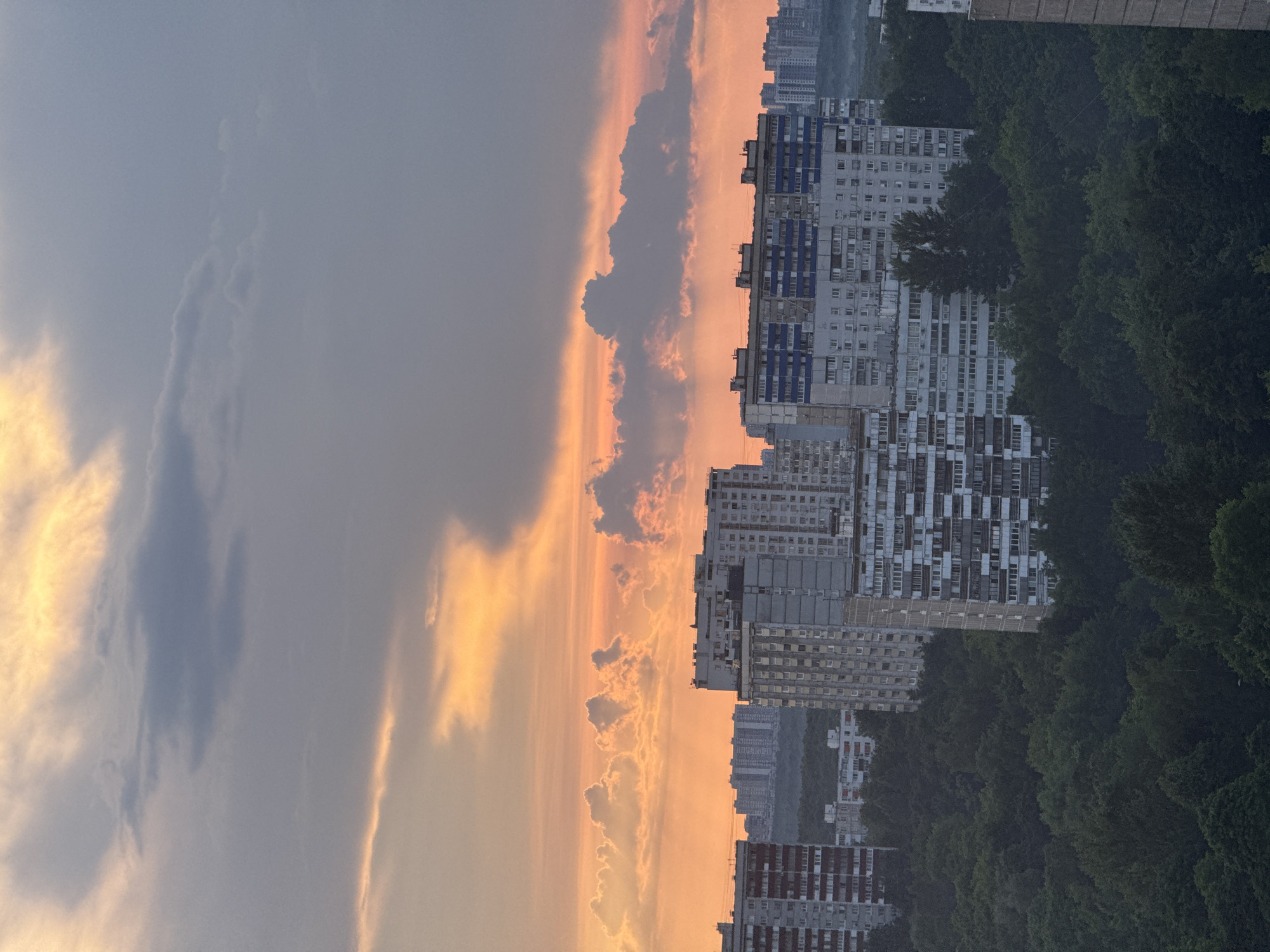The image depicts a skyline view of a dense urban residential area in Moscow, Russia, during a sunset. The sky is filled with dramatic clouds, tinged with vibrant orange and yellow hues from the setting sun, contrasting with darker gray clouds. In the foreground and mid-ground, numerous Soviet-era panel buildings, characterized by their monotonous, repetitive facades and balconies, dominate the landscape. These apartment blocks are interspersed with a thick canopy of dark green trees, indicating a presence of parkland or a heavily wooded urban environment. In the distance, more apartment buildings and a hazy horizon suggest the vastness of the city. The overall impression is one of a typical, densely populated Moscow district under a striking, colorful sky. No people are visible in the scene.