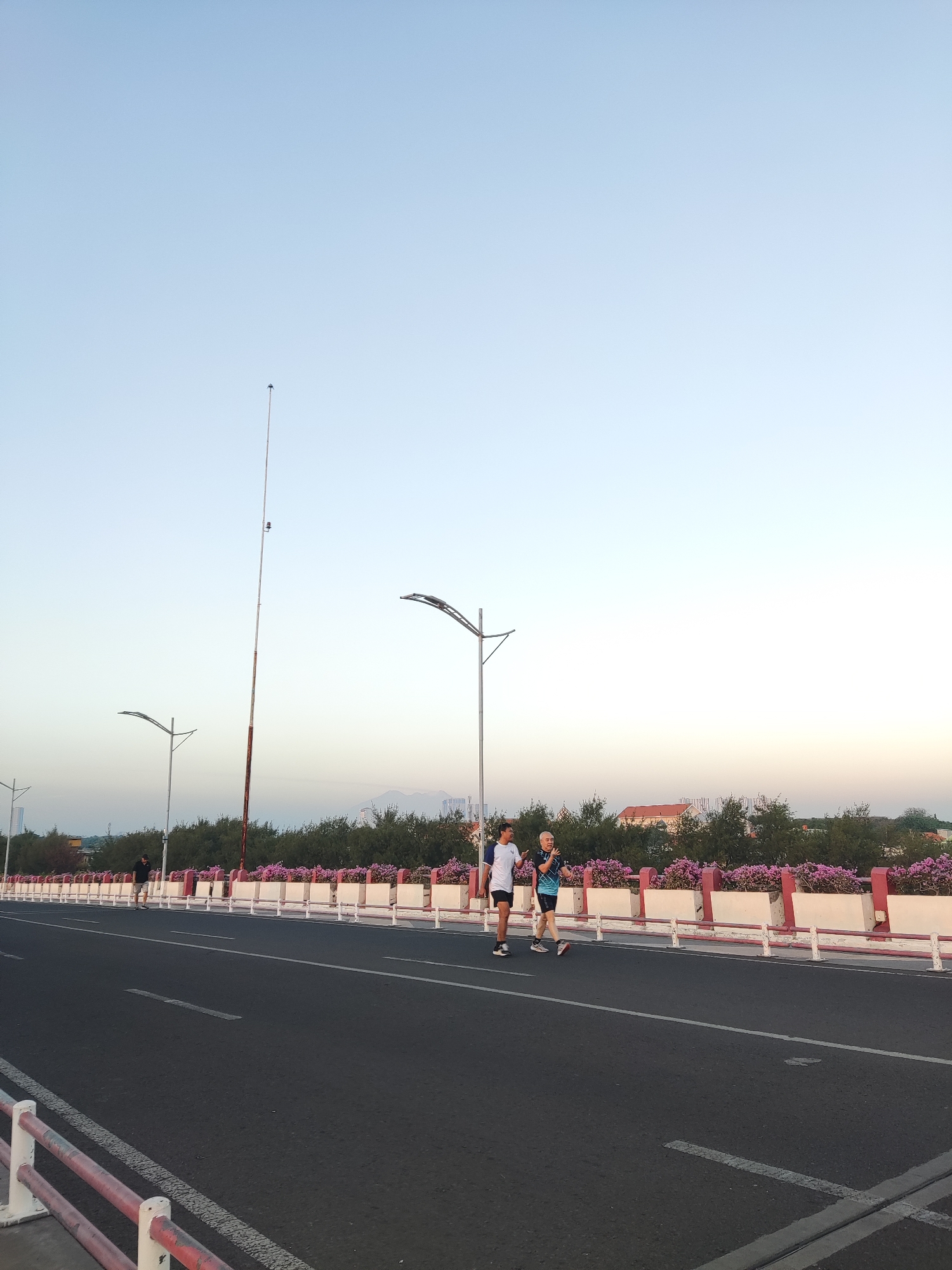 This image depicts a scene on a bridge at what appears to be dusk or dawn, with a clear, pale blue sky. The bridge has a paved roadway with lane markings and a concrete barrier along the side, adorned with pink flowers in planters and white vertical posts. Two individuals are walking on the bridge; one is younger, wearing a white t-shirt and black shorts, while the other is older, with grey hair, wearing a blue and black patterned t-shirt and black shorts. A tall, thin pole, possibly a communication tower or antenna, stands in the background to the left, with several streetlights visible along the bridge. In the distance, trees and buildings can be seen, suggesting an urban or suburban environment. The overall atmosphere is serene and suggests people engaging in outdoor activity. Without further information, it is not possible to definitively confirm the location as Surabaya, Indonesia.