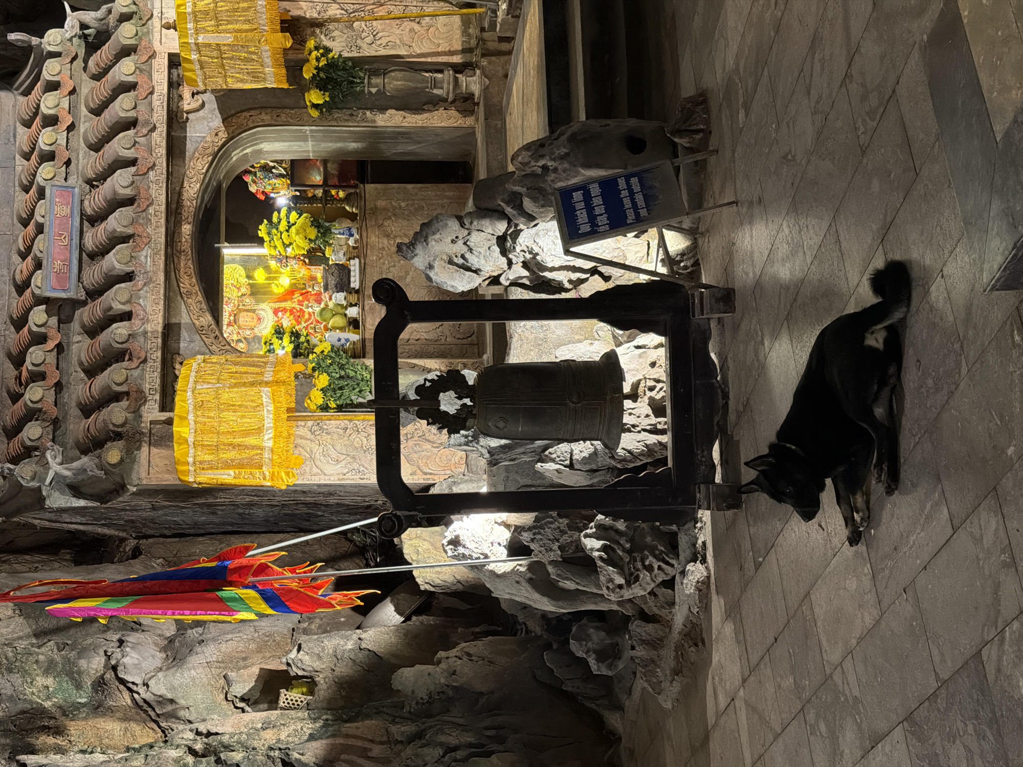 The image shows a dimly lit interior, likely a cave temple in the Marble Mountains of Đà Nẵng, Vietnam. An ornate Buddhist shrine is visible in the background with golden fabrics and offerings. A large metal bell hangs in the foreground within a black frame. A sign in both Vietnamese and English requests visitors to remove their shoes and sandals. A black dog stands on the tiled floor near the bell. Colorful ceremonial umbrellas are visible near the base of the cave. The walls of the cave are rough and rocky.