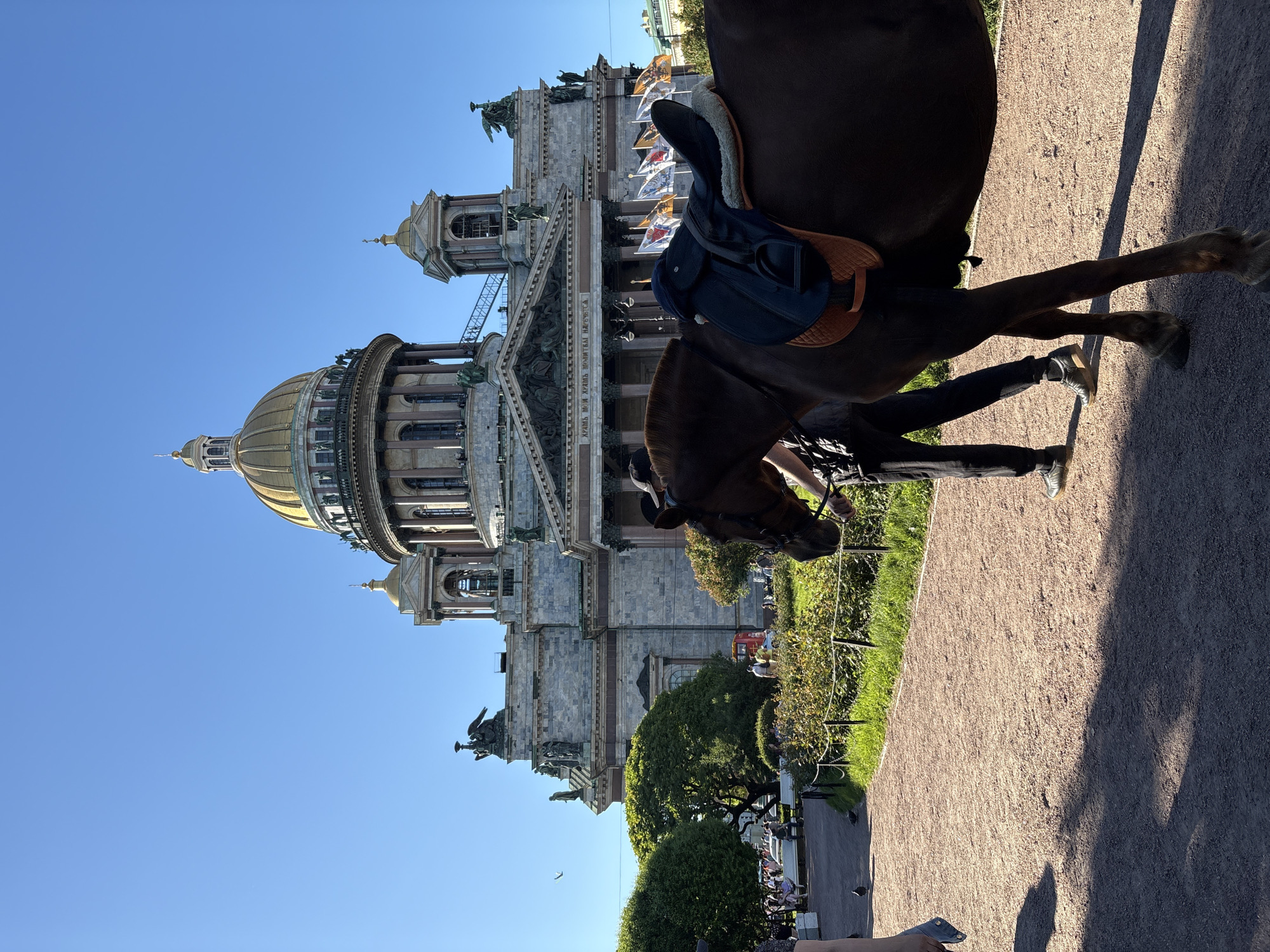 This image depicts a sunny outdoor scene in Saint Petersburg, Russia, centered on Saint Isaac's Cathedral.
**Location:** Saint Isaac's Cathedral (Isaakievskiy Sobor), Saint Petersburg, Russia.
**Scene Description:**
The background is dominated by Saint Isaac's Cathedral, a monumental neo-classical structure with a large golden dome, smaller golden cupolas, and a grey stone facade. Numerous sculptures of angels and figures adorn the roofline and pediments. A frieze on the main portico reads, in Cyrillic, "ХРАМЪ МОЙ ХРАМЪ МОЛИТВЫ НАРЕЧЕТСЯ" (My house shall be called a house of prayer). A line of religious or heraldic flags stands to the right of the cathedral's entrance. The sky above is clear and bright blue.
In the midground, a wide, light-brown gravel path curves from the foreground towards the left. The path is bordered by green grass, various shrubs, and mature deciduous trees on the left. Pedestrians are visible walking on the path and sitting on benches under the trees. A small red vehicle is partially obscured by trees in the mid-left. Black metal railings with chain links define the edge of the planted areas. Several pigeons are on the path in the mid-left, and a single bird flies in the upper-left sky.
The foreground is occupied by a brown horse, facing left, with its head, neck, and right legs visible. It is equipped with a dark English riding saddle, an orange-brown saddle pad, and a sheepskin fleece pad. A person in dark clothing and a black cap, likely the horse's handler, walks alongside, holding the bridle. Their legs and right arm are visible. The left leg and foot of another person, wearing blue jeans, are partially visible on the far left. Long shadows are cast across the path from the left, indicating bright sunlight.