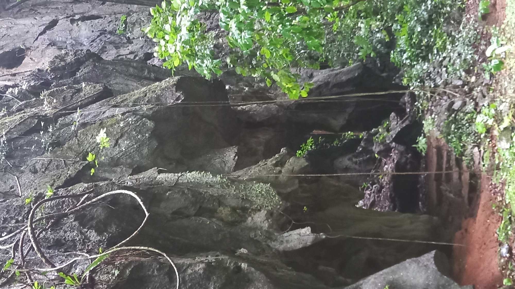 This is a photograph of a rock formation in Ban Pak Ra, Thailand. The rock is dark and heavily textured. There is greenery growing on and around the rocks, including bushes and vines. A length of rope runs across the scene horizontally, suspended at two points. To the right of the rocks are some steps that appear to be carved into the stone. There is also reddish soil visible on the right side of the image.